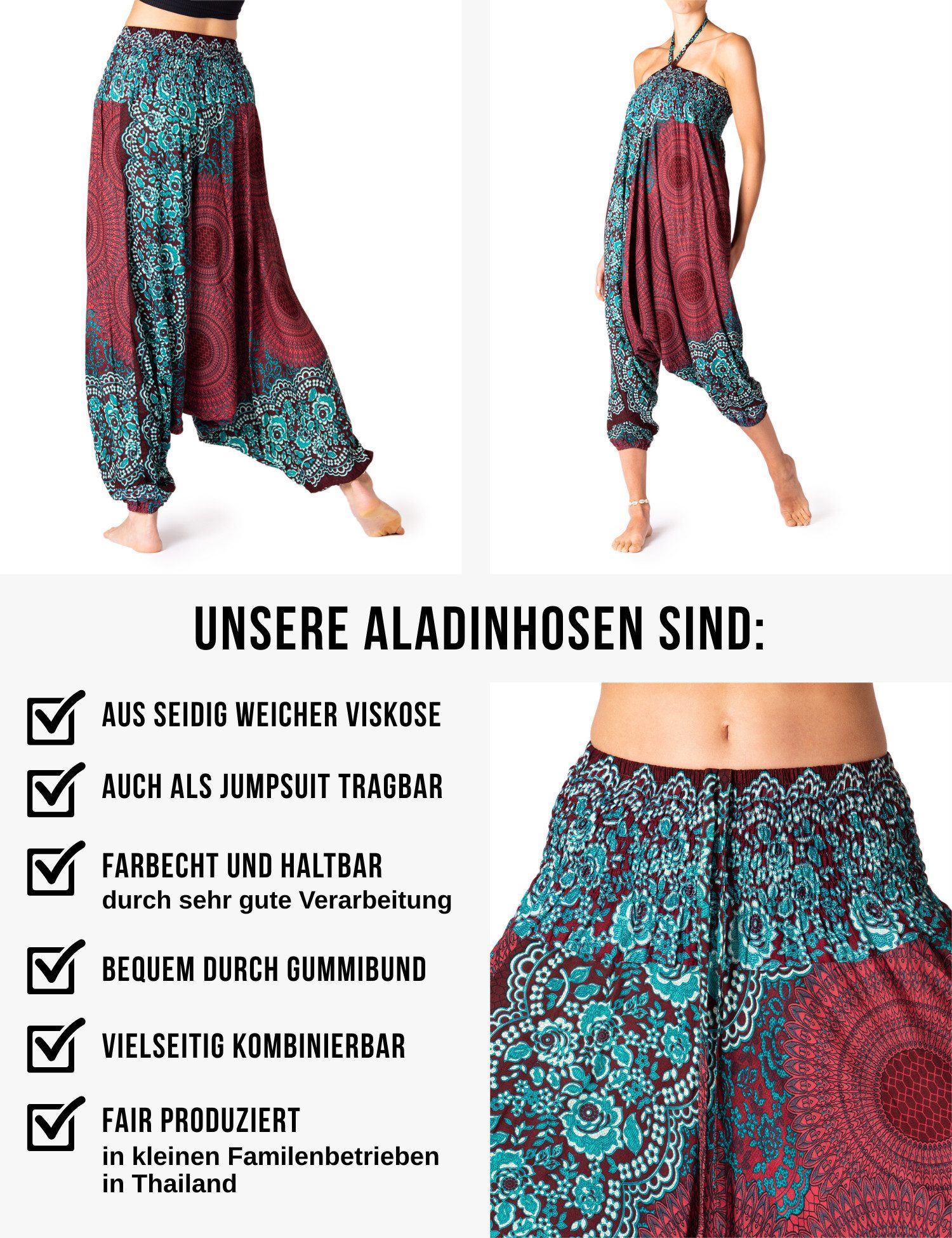 PANASIAM Haremshose Aladinhose im schönen Peacock Design Haremshose aus 100% natürlicher Viskose auch als Overall tragbar Damen Pumphose bequeme Freizeithose