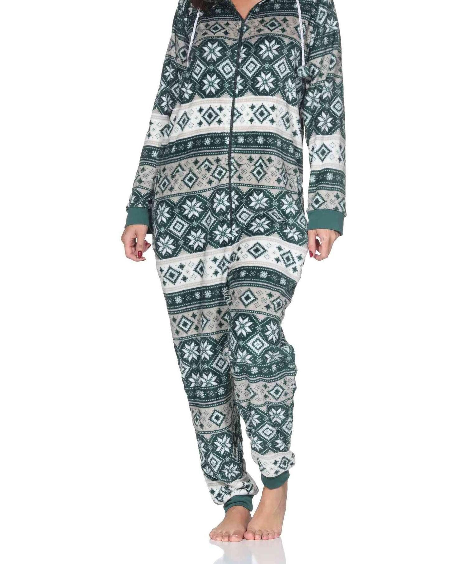 Normann Pyjama Damen Schlafanzug Jumpsuit Overall in Norweger Optik aus Coral Fleece – Bild 2 von 4
