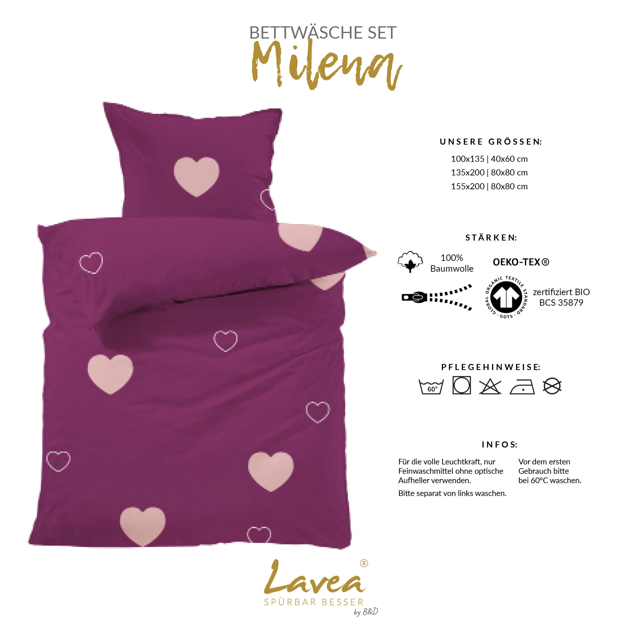 Lavea Kinderbettwäsche Bettwäsche Kinder Herzen Set, mit Reißverschluss, mit Herzmotiv, 100% Baumwolle, 2 teilig, weiche Bezüge für Bettdecke und Kopfkissen