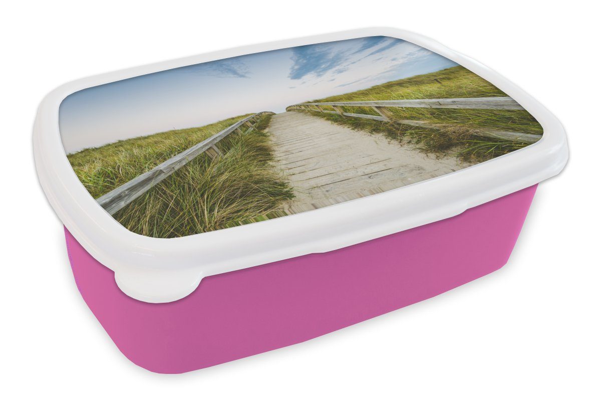 MuchoWow Lunchbox Strand - - Mädchen, (2-tlg), Weg Kunststoff Kunststoff, für Brotdose Himmel, Erwachsene, rosa Snackbox, Brotbox Kinder
