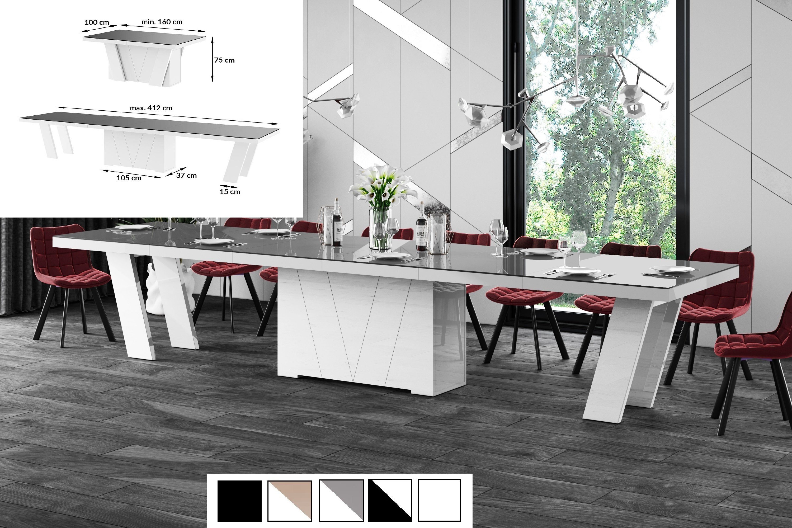 designimpex Esstisch Design Esstisch Tisch ausziehbar Hochglanz Hochglanz bis Hochglanz cm Marmor - 412 dunkel HEG-111 XXL Weiß 160