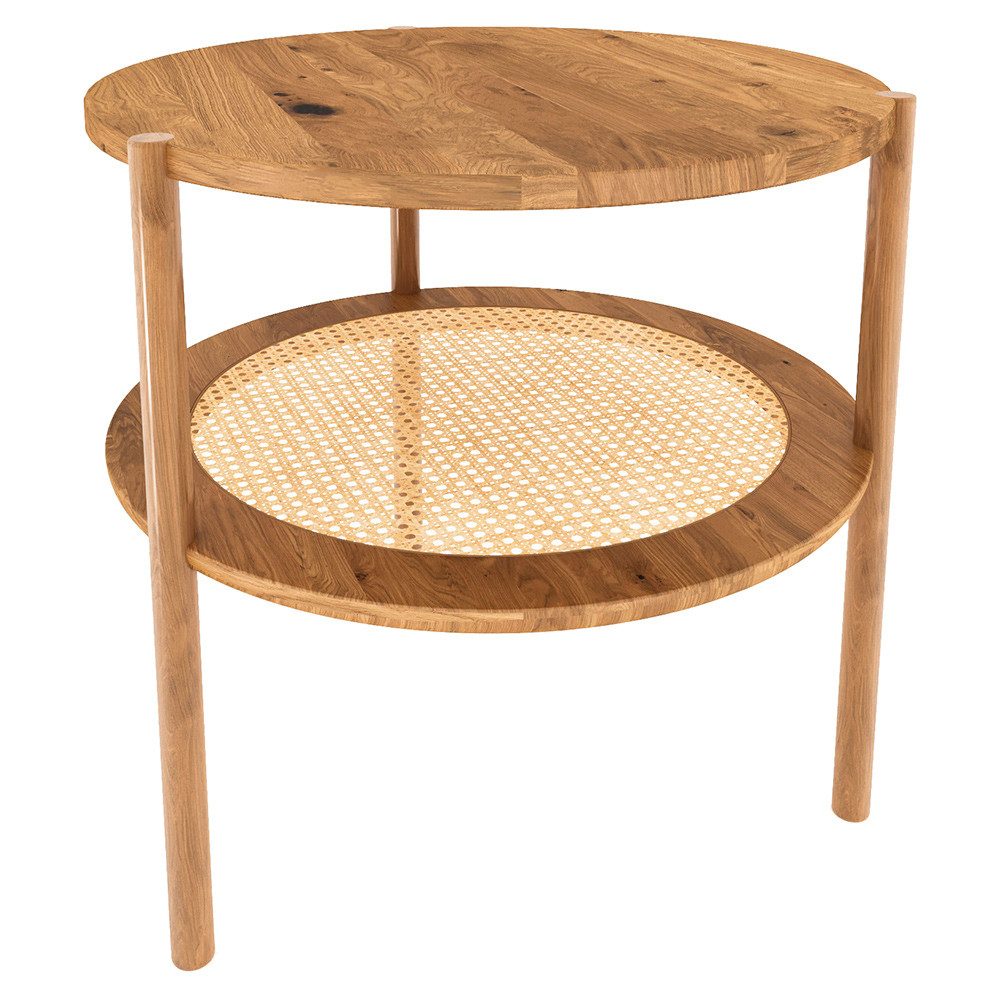 Lomadox Couchtisch PORI-165, rund 50 cm, Eiche massiv, Rattangeflecht, montierte Lieferung