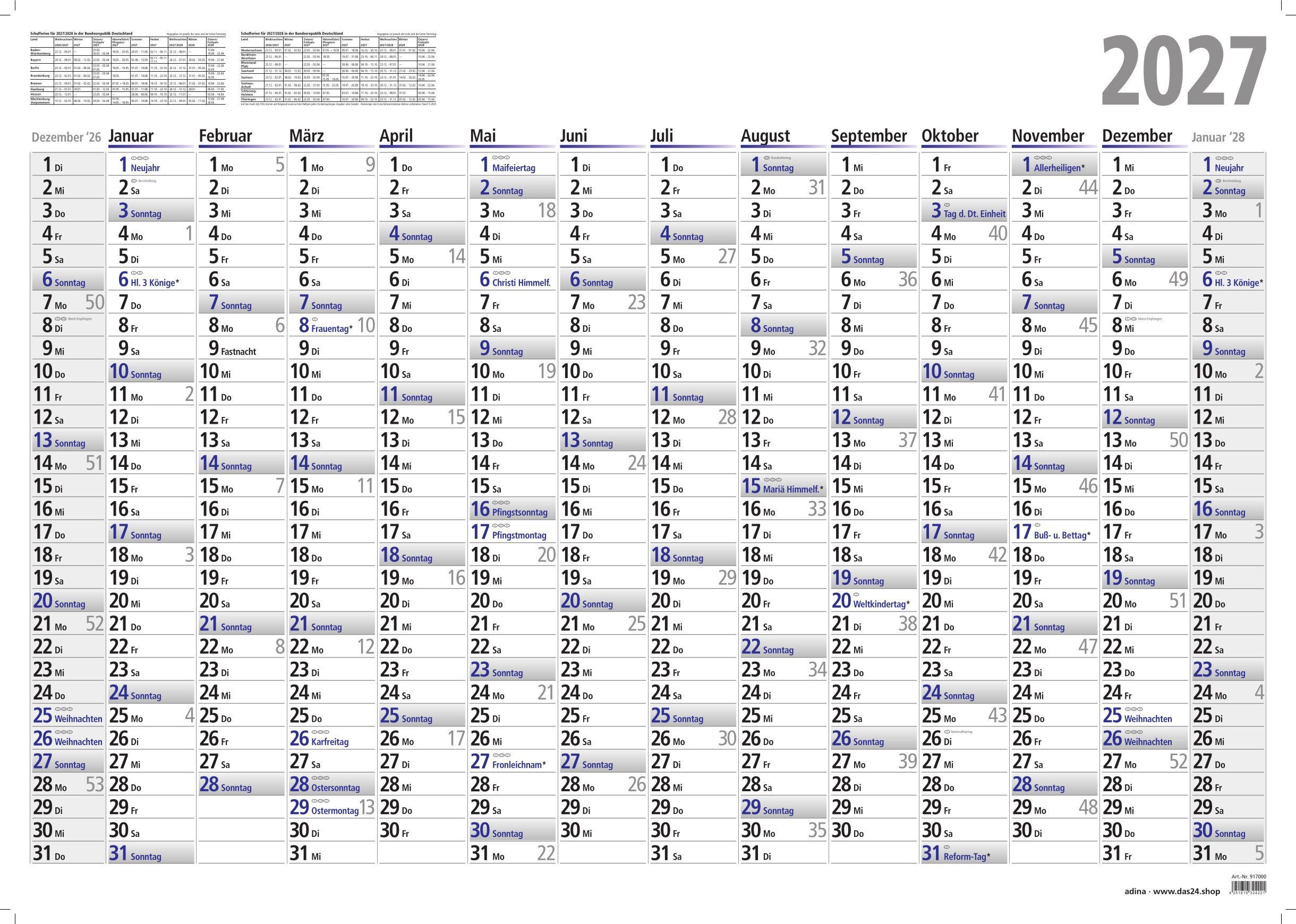 ADINA Wandkalender 2027 ADINA Plakatkalender Wandkalender A1 84x60cm Lieferung: gefaltet