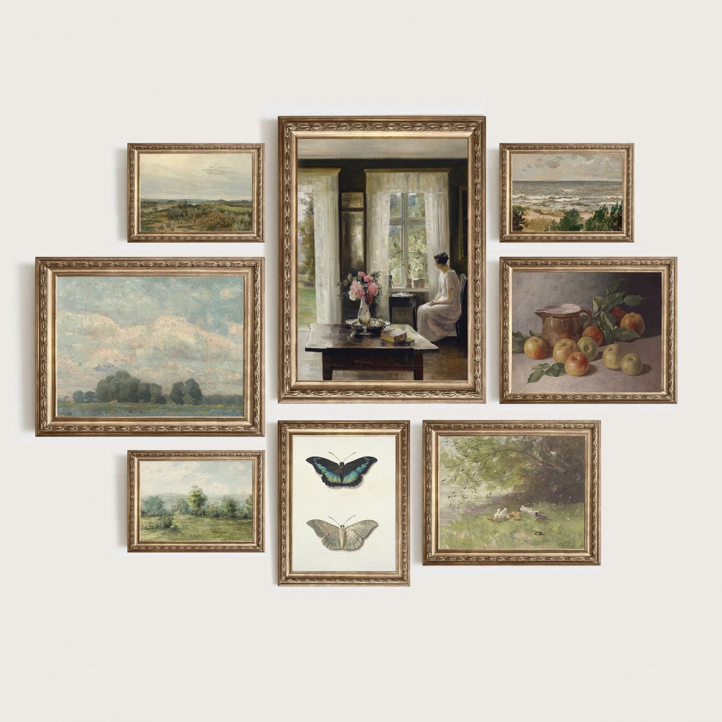 JUSTGOODMOOD Poster Vintage Frühling Landschaft Blick in den Garten Äpfel und Schmetterlin, C (1 St)
