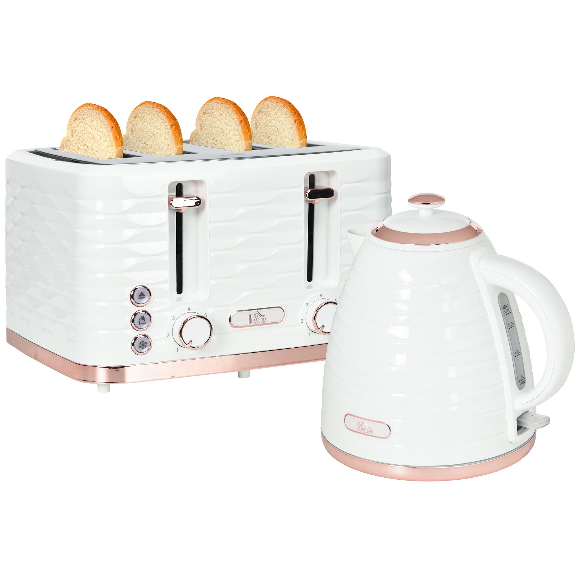 HOMCOM Toaster Wasserkocher Frühstück-Set: 1,7L, 4 Scheiben, 7 Bräunungsstufen, Kocher-Toaster-Set, für Frühstückszubereitung, 2200 W, Auftauen, Aufwärmen und Krümelfach, Otter Thermostat, Cremeweiß