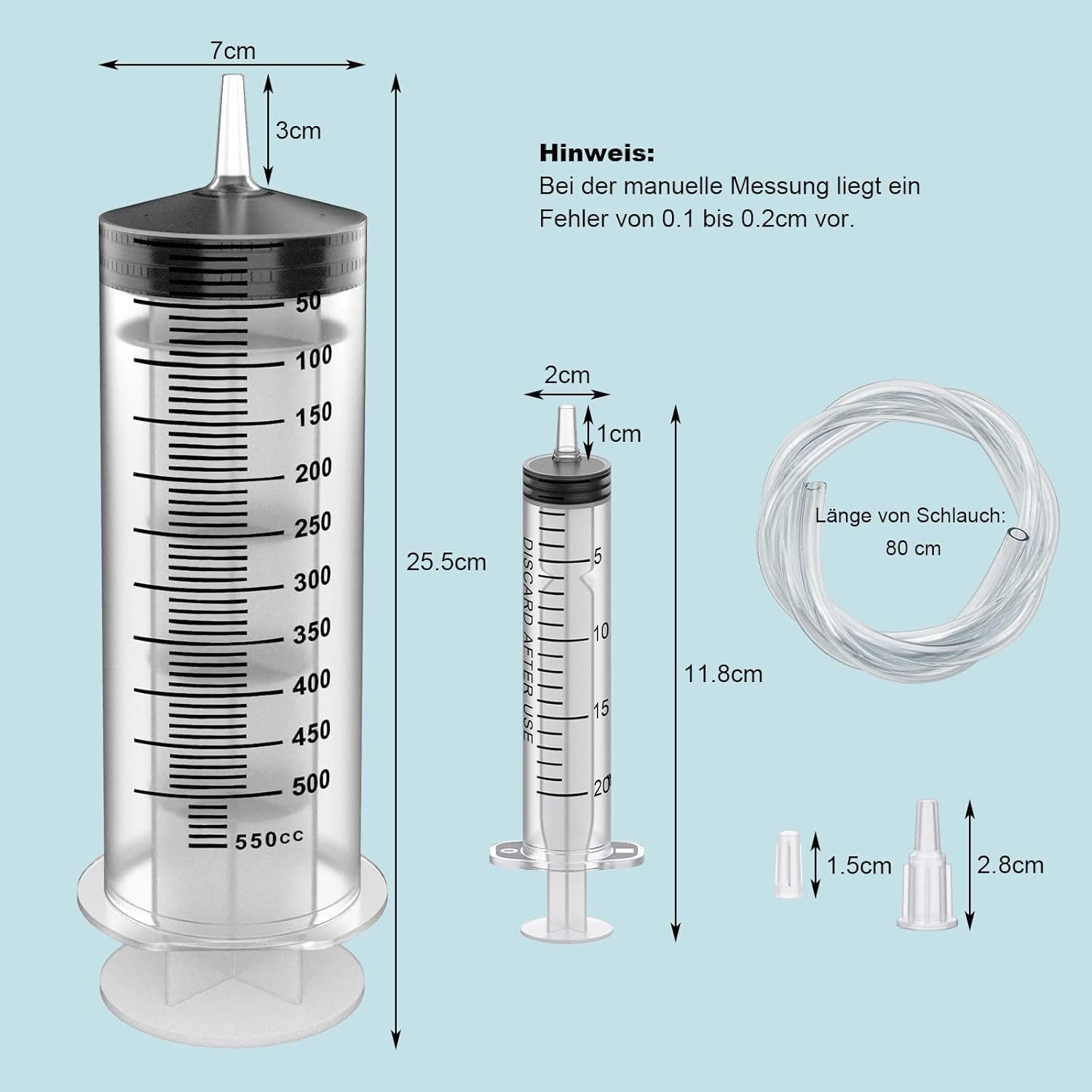 FELIXLEO Einwegspritze Spritze 500ml Plastikspritze mit Schlauch für Futter Öl Bremsen, (35-St)