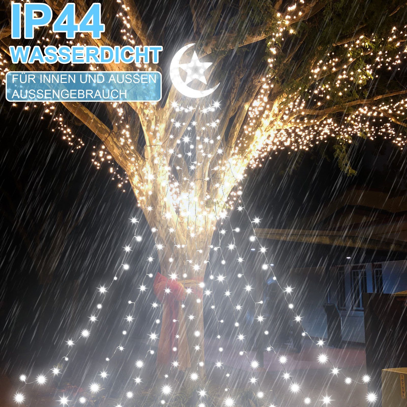Modi, 350-flammig, 8 Lichterkette, Weiß Weihnachtsbaum LED-Lichterkette LED Timer Sunicol Wasserfall Topper Star,
