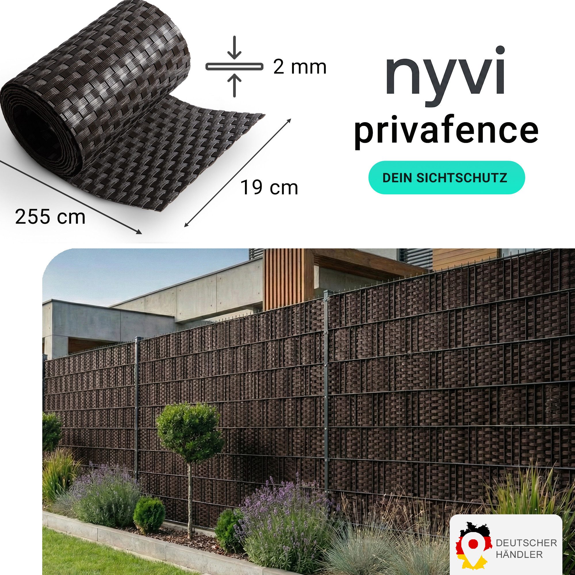 NYVI Sichtschutzstreifen Sichtschutzstreifen Privafence 255x19 cm für Zaun, (1-St), Polyrattan 3D Optik, Wetterfest, Reißfest