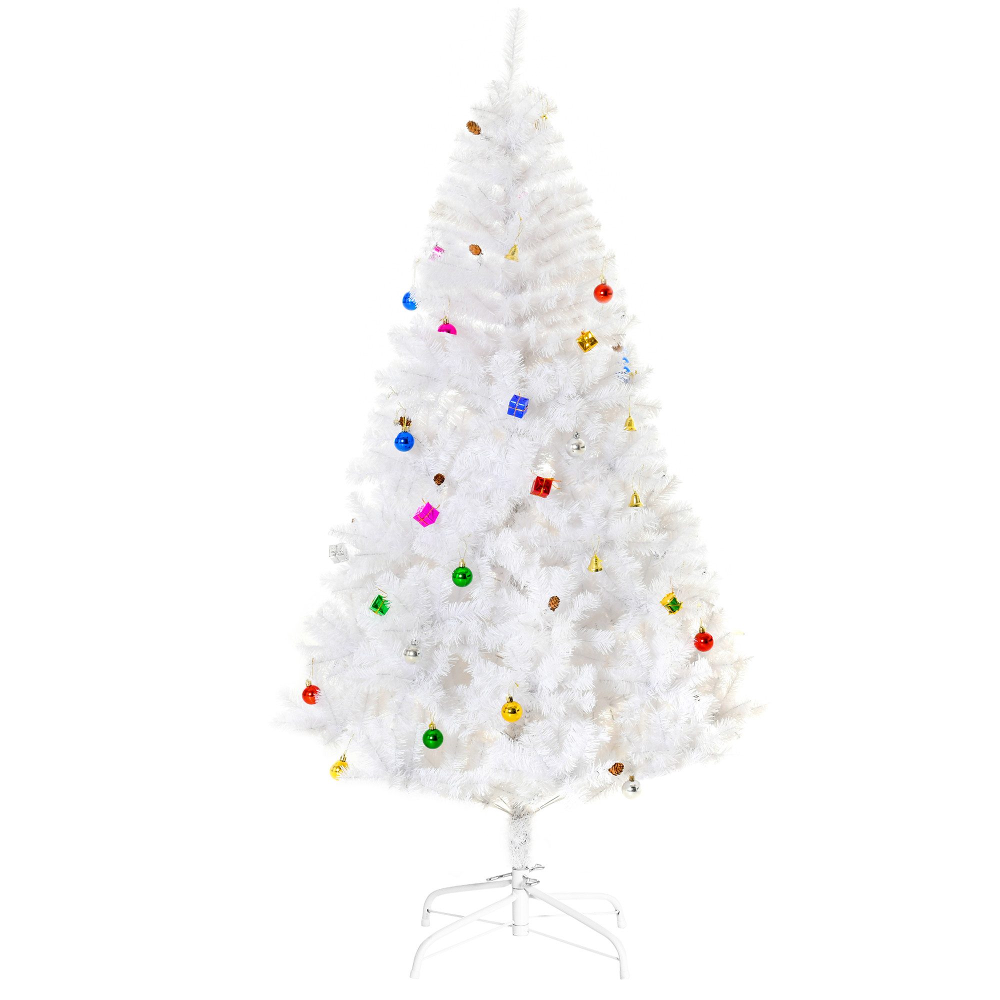 HOMCOM Künstlicher Weihnachtsbaum Kugeln und Glocken mit 680 Spitzen, 12 Tannenzapfen für drinnen, Fichte, WeChristbaum Tannenbaum 180cm mit Ständer inkl. Dekor, weiß