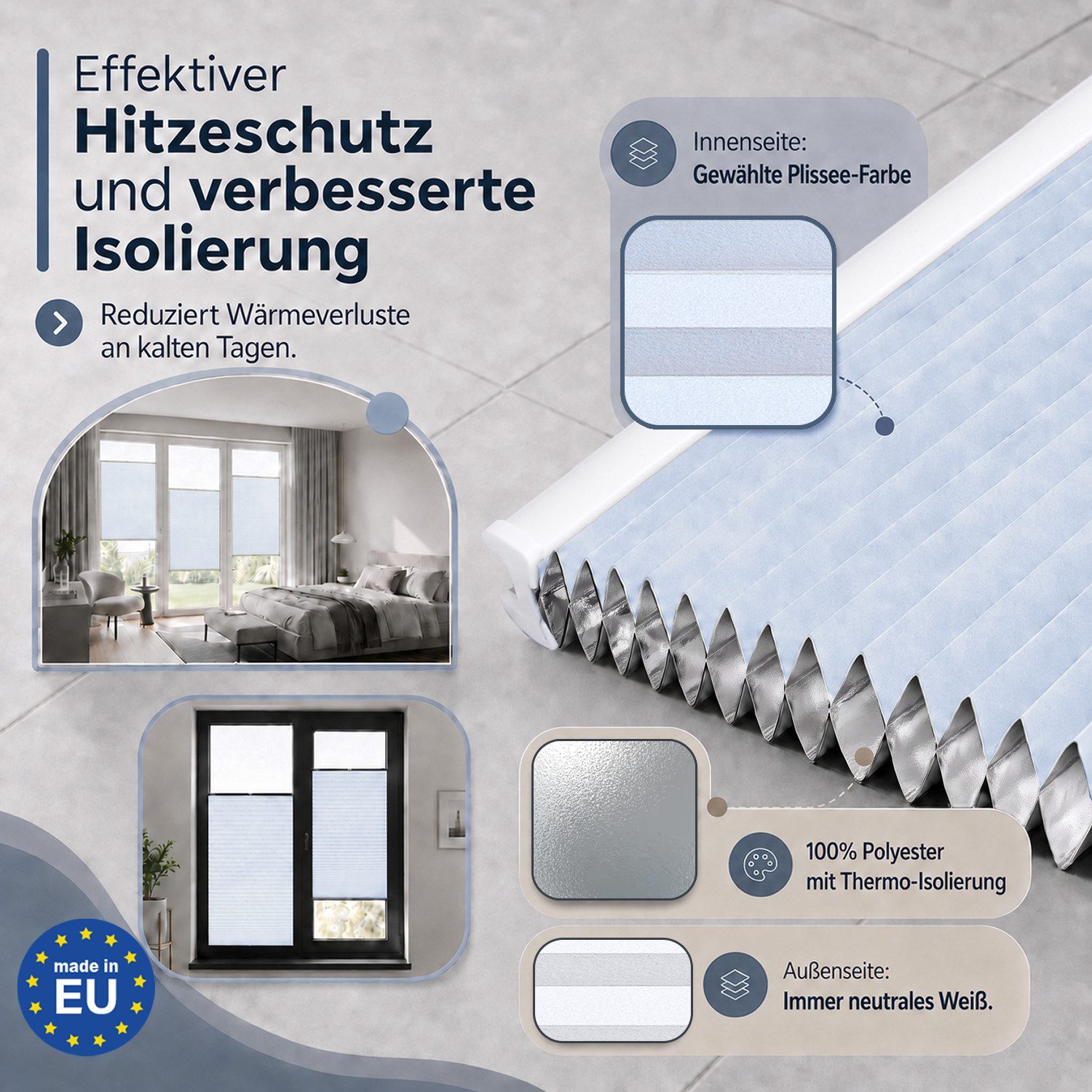 Rikmani Plissee Thermo Fensterplissee ohne Bohren, Weiß, 40x110, verdunkelnd, Klemmfix, Langlebige Premium-Qualität, Thermo Plissee