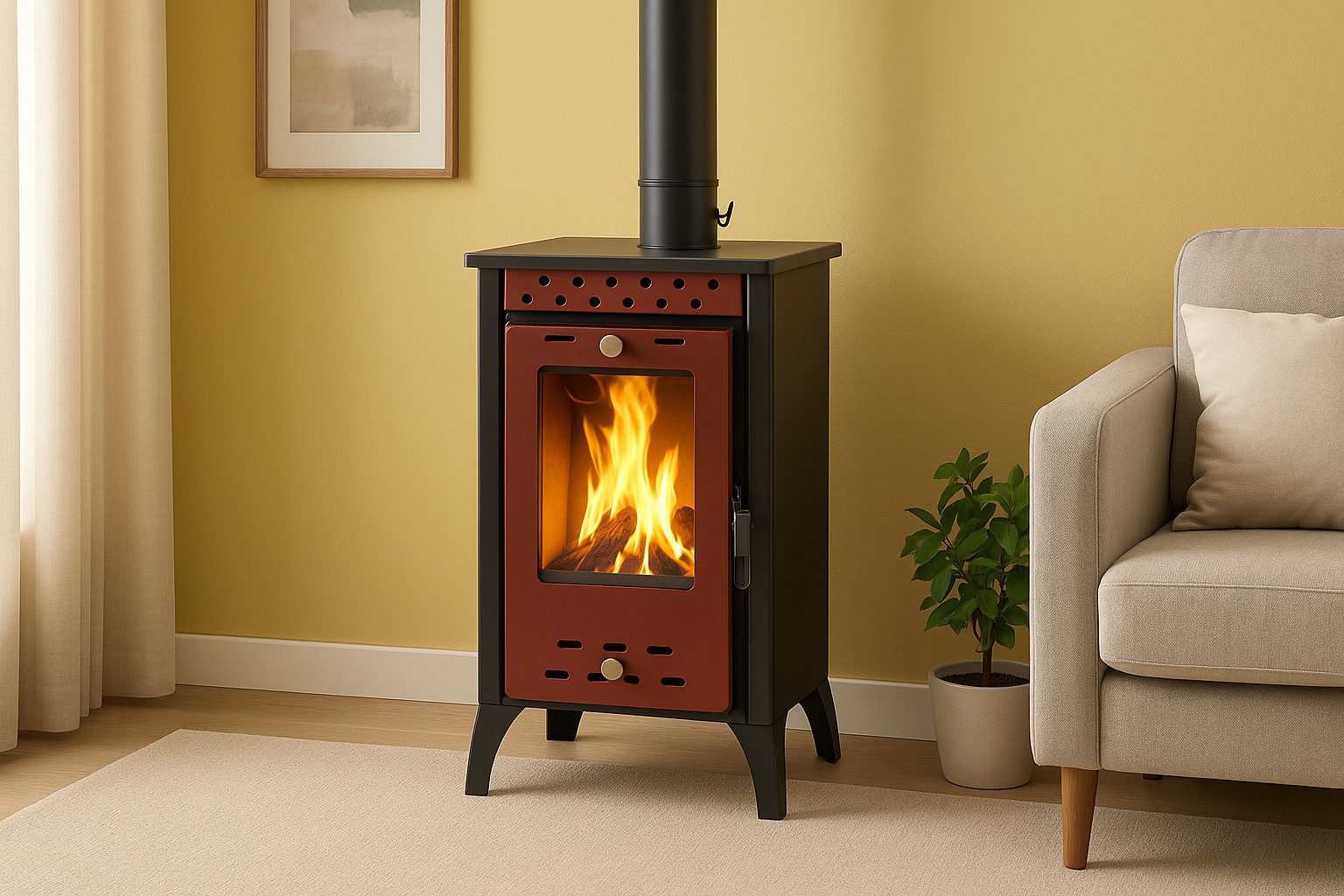 Gekas Kaminofen Holzofen schmal mit 7,7 kW, 50 bis zu 85m² Wohnfläche, 120mm Abgasr., 7,7 kW, Holzofen, (Set, MG 100), Stahl
