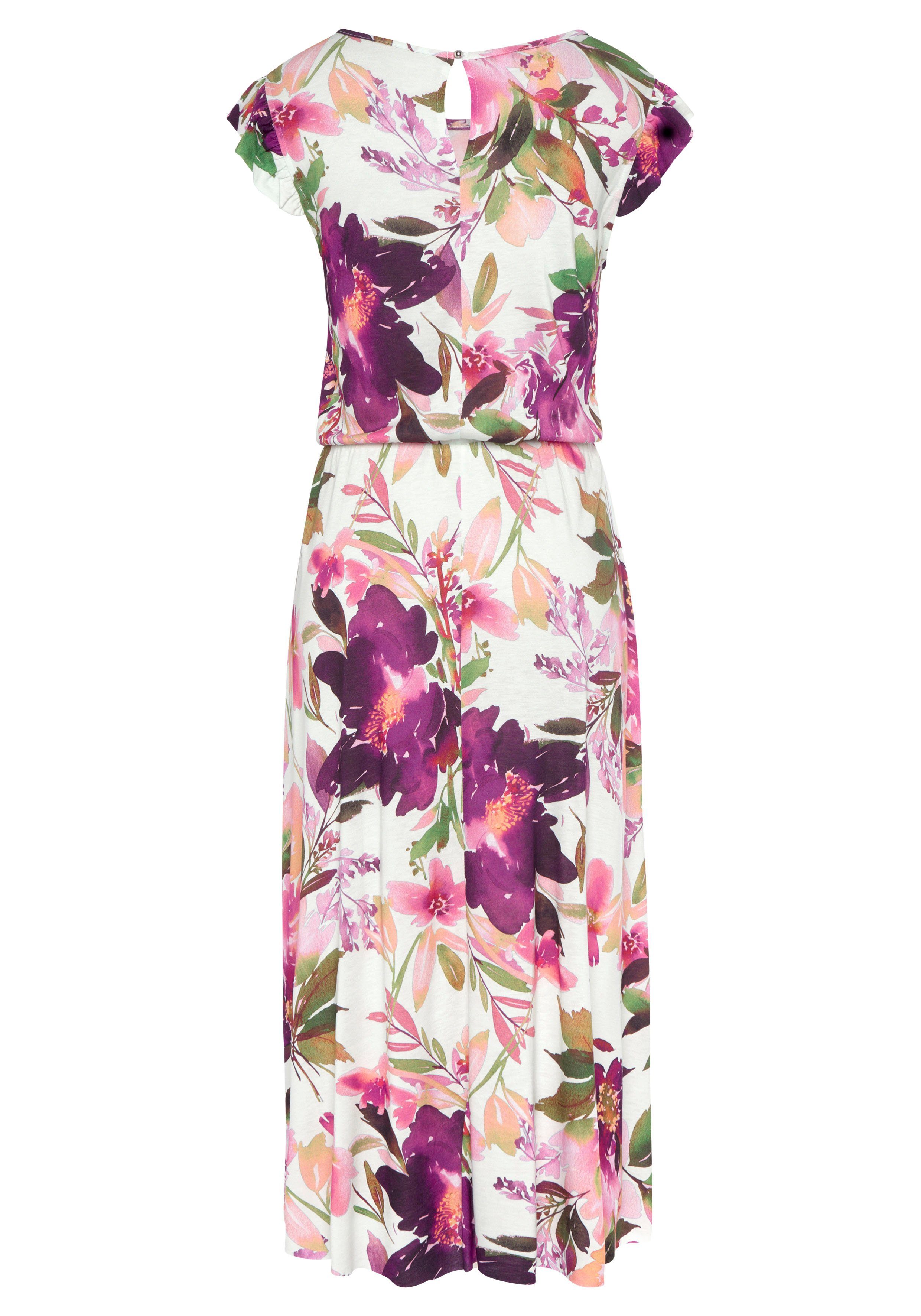 Beachtime by Lascana Jerseykleid mit Blumendruck und Gummizug aus Viskosejersey, elegantes Midikleid Kurzärmliges Sommerkleid, Strandkleid, Viskosekleid, Basic