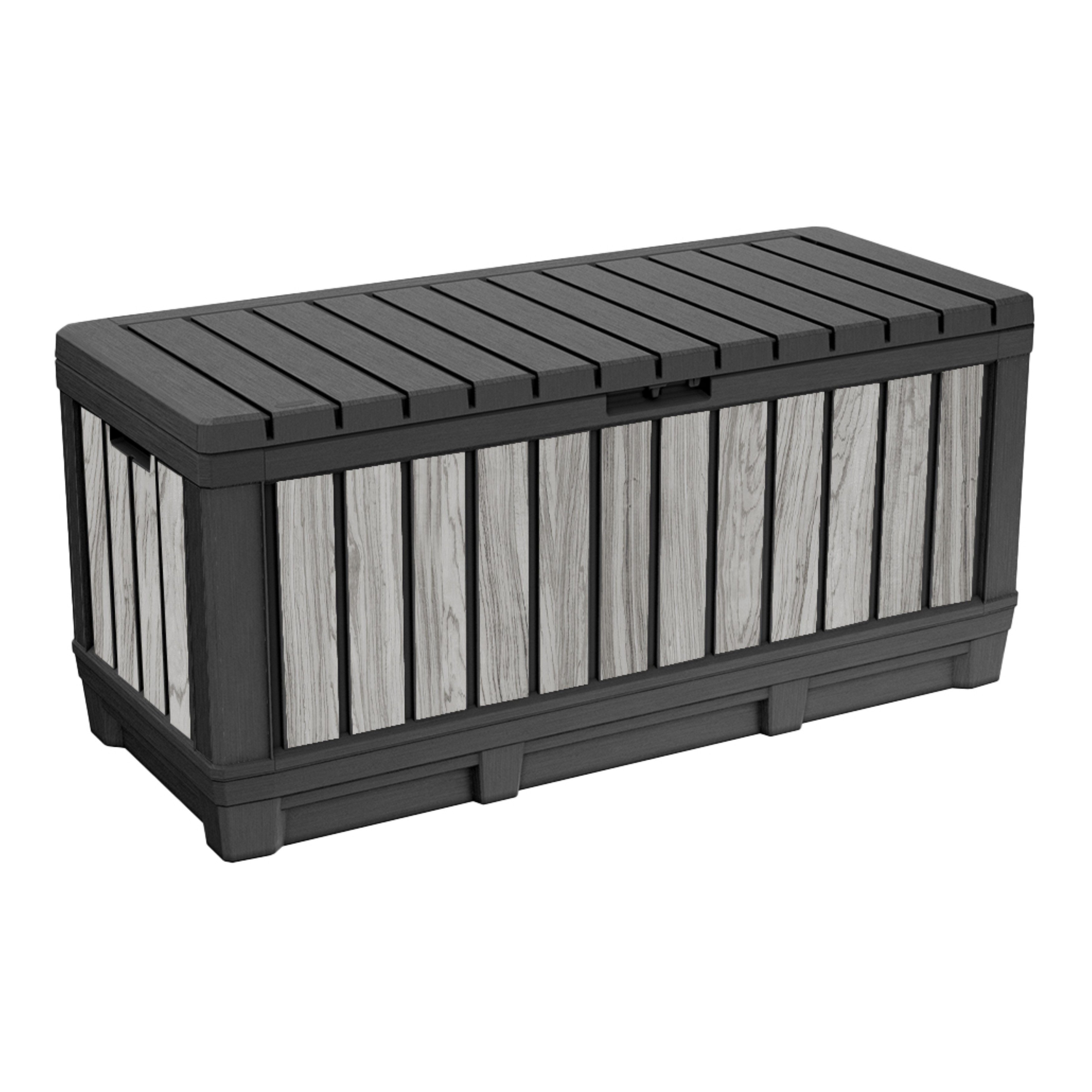 Keter Gartenbox Kentwood, 350 Liter, Holzoptik Stormgrey, Deckel bis 260 kg belastbar, abschließbar, wetterfest, UV-resistent, wartungsfrei
