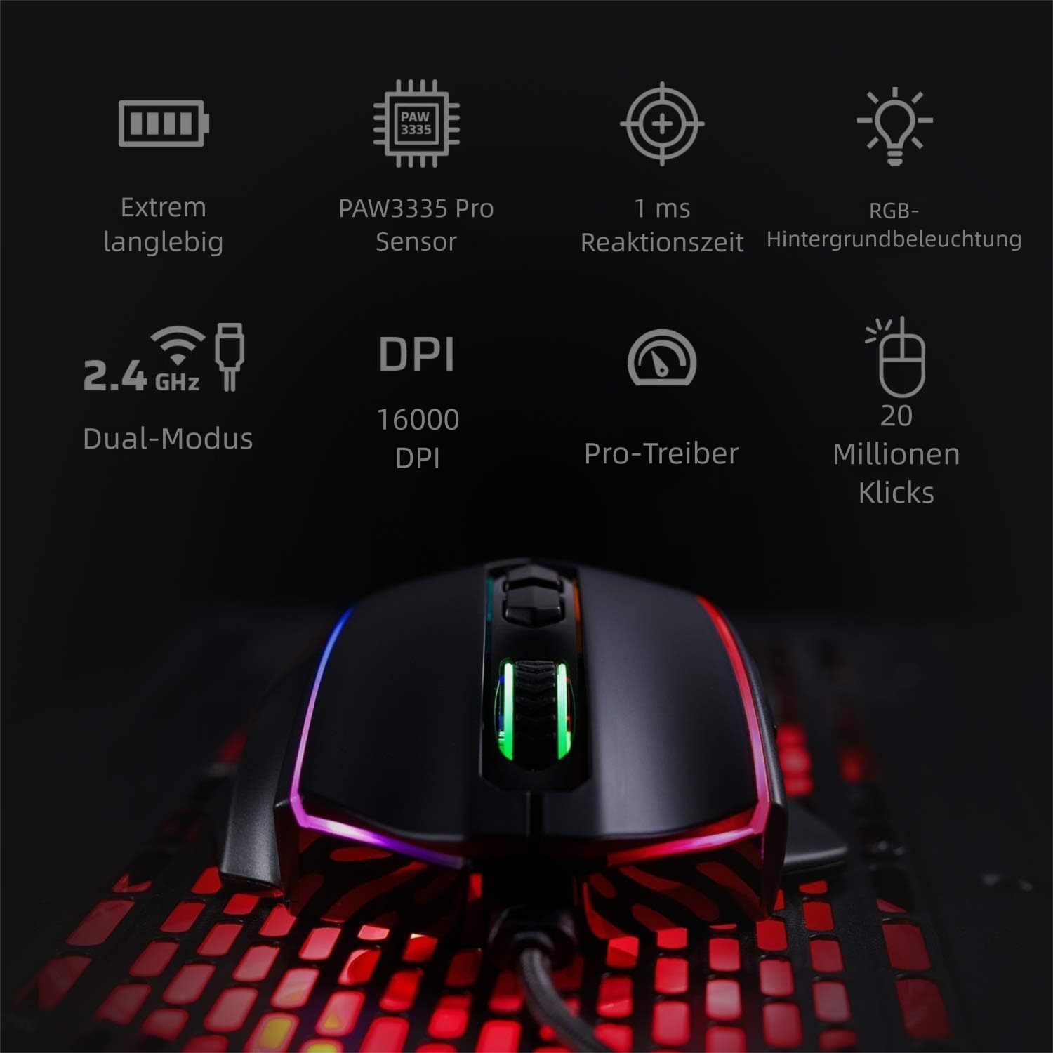 Redragon kabellose, 8 programmierbare Tasten Gaming-Maus (kabelgebunden, RF Wireless, 1 dpi, bis 16.000 DPI, RGB-Beleuchtung)