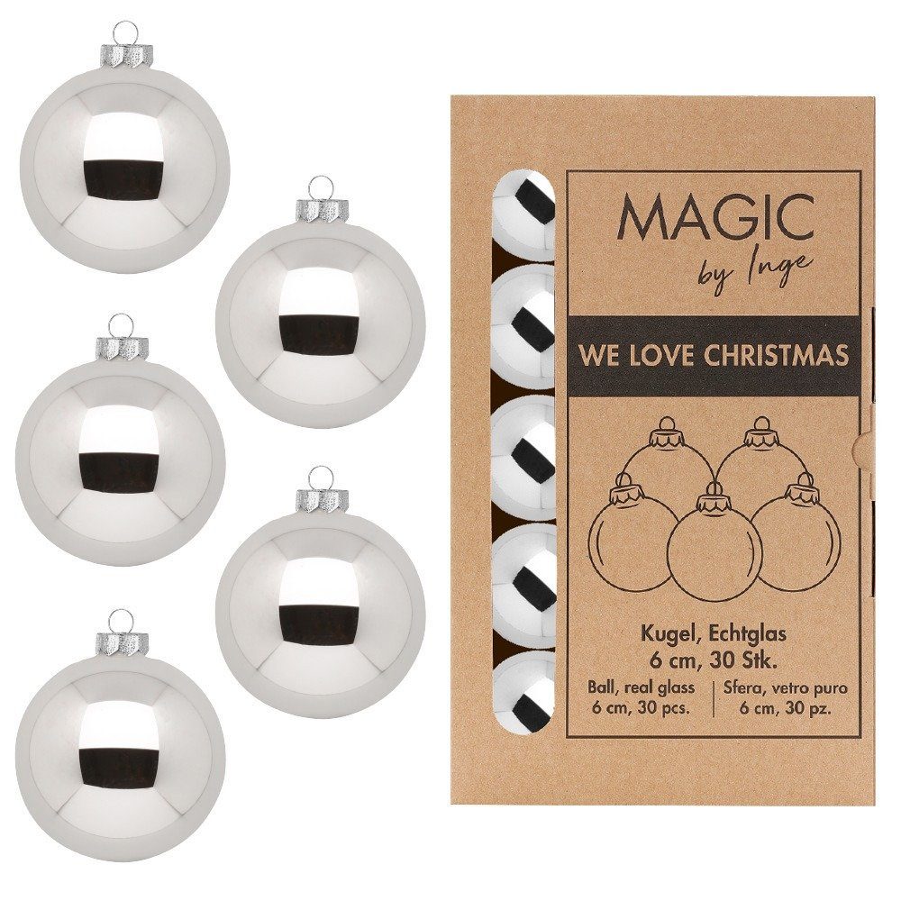 MAGIC by Inge Weihnachtsbaumkugel, Weihnachtskugeln Glas 6cm 30 Stück - Shiny Silver
