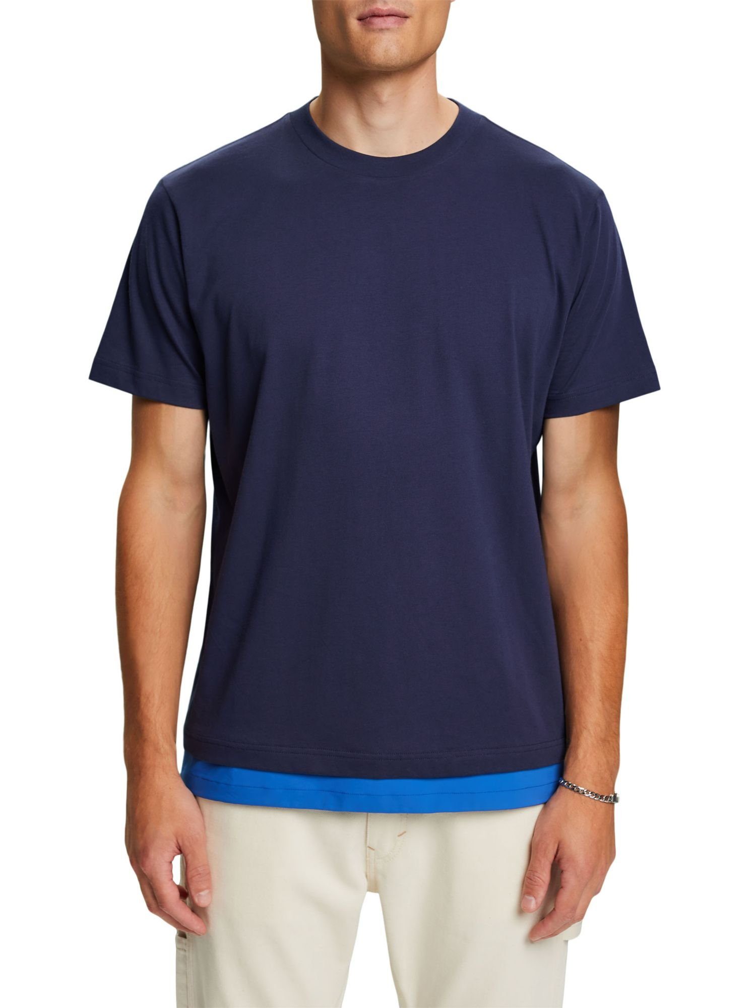 Esprit T-Shirt T-Shirt aus Kordelzug BLUE (1-tlg) Baumwolljersey mit DARK