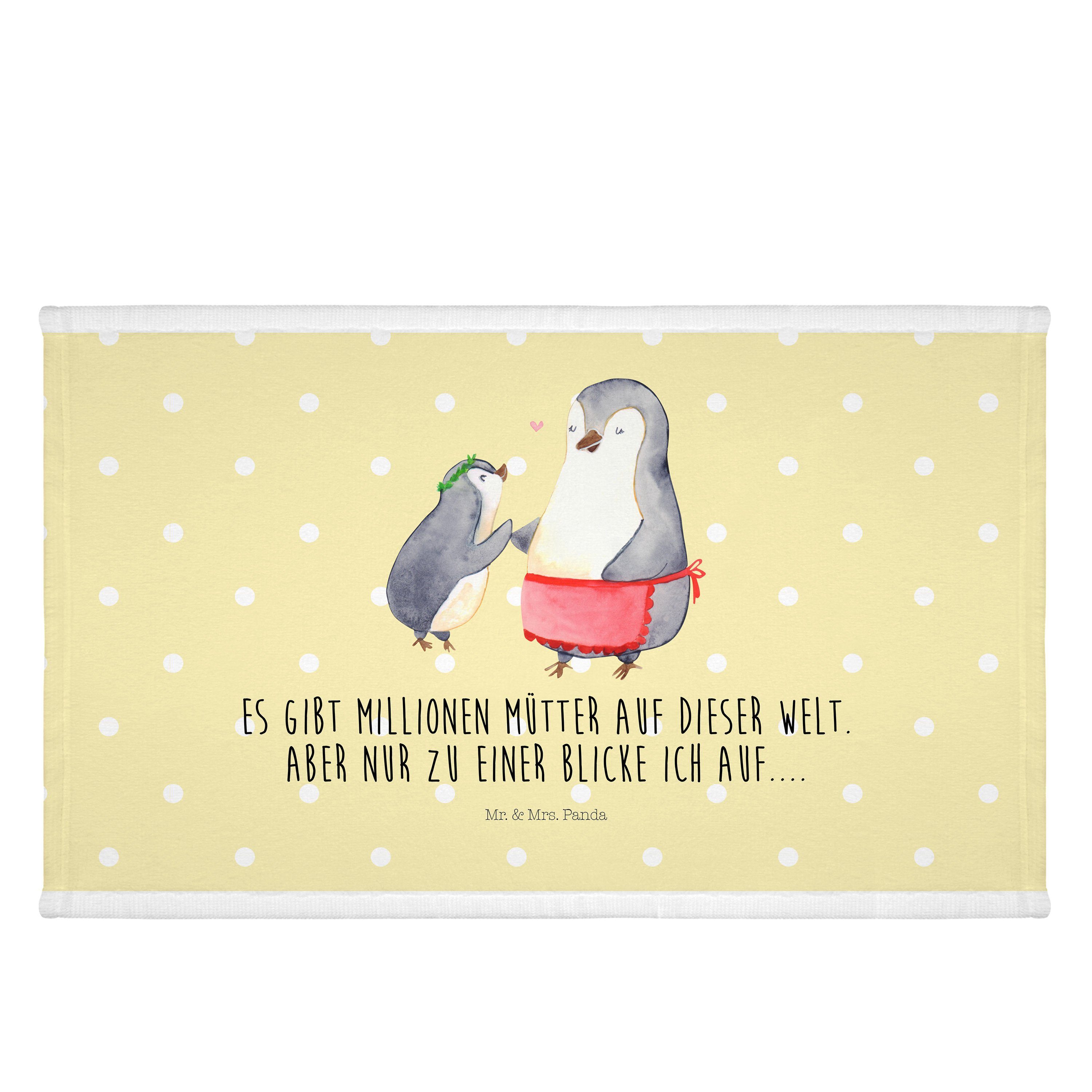 Mr. & Mrs. Panda Handtuch Pinguin mit Kind - Gelb Pastell - Geschenk, Muttertag, Geburststag, V, (1-St)