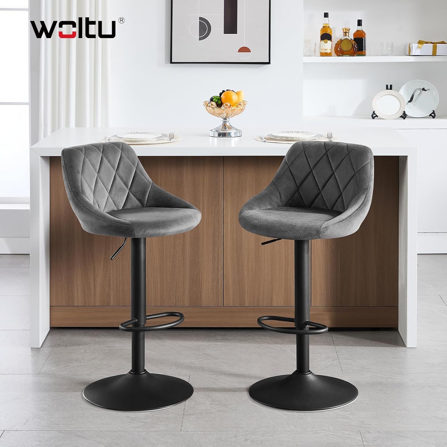 Woltu Barhocker (2 St), gut gepolstert, Samt, Höhenverstellbar, Drehbar