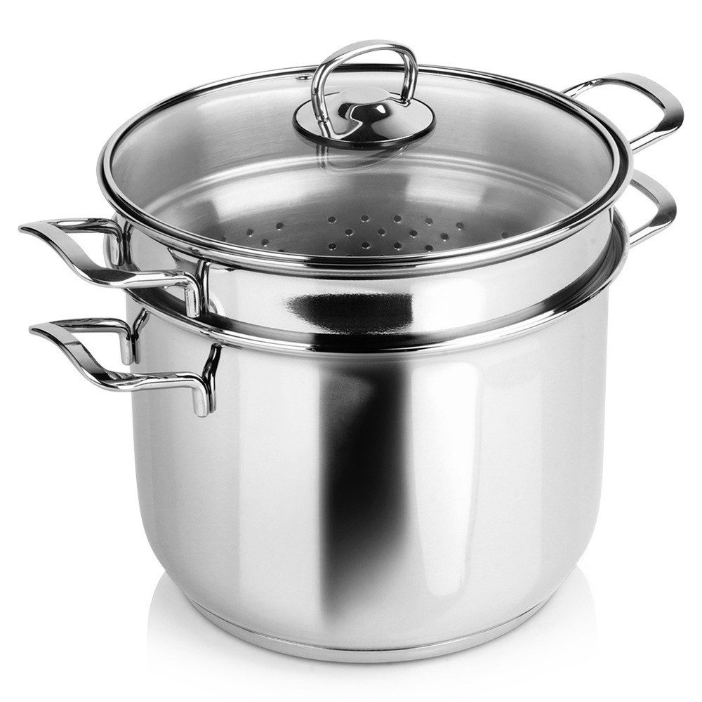 Orion Group Spaghettitopf Mit Siebeinsatz und Glasdeckel in Silber für Induktion ANETT 6L, Edelstahl (3-tlg), spülmaschinengeeignet mit mehrschichtigem Akutermboden