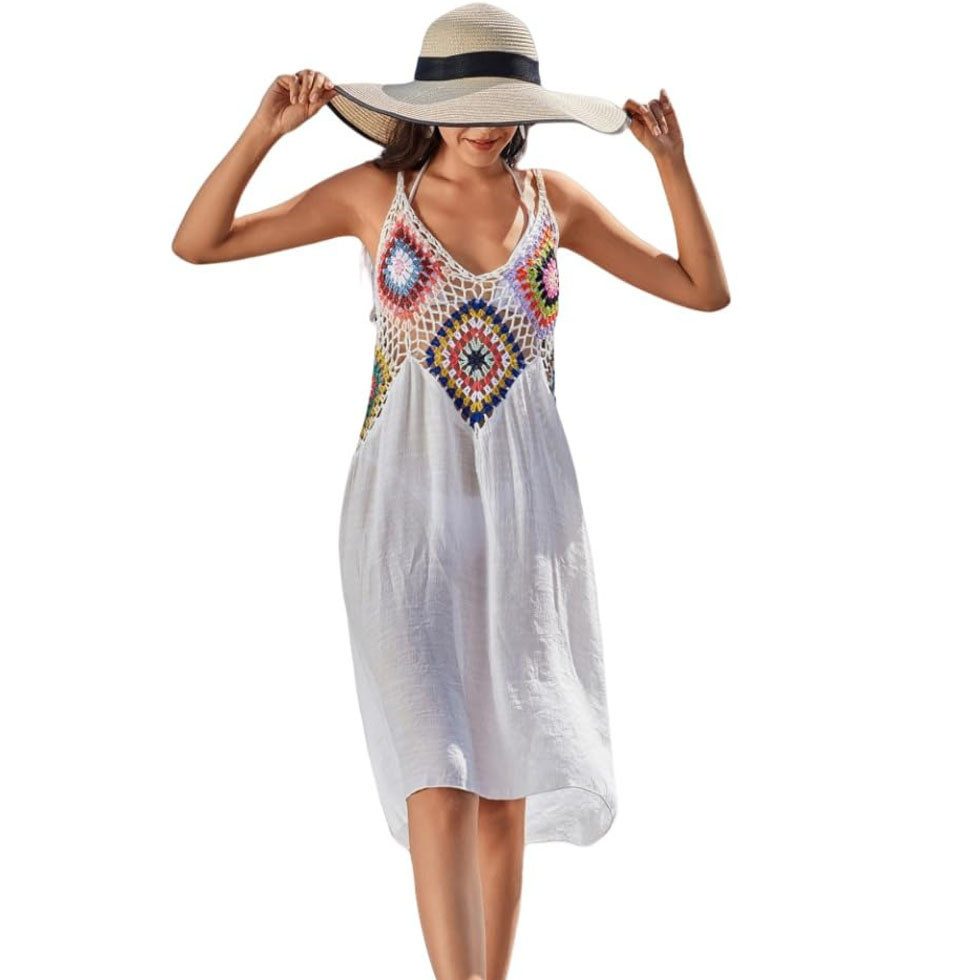 MOPUEA Strandkleid Bohemian-Stil für Frauen, knielanges Trägerkleid für den Sommer (Häkelkleid Ärmellos Strandkleid V-Ausschnitt Bikini Cover Up, 1-tlg) Badeanzug Sexy Strand Poncho Sommer Kleider für Frauen Badekleid