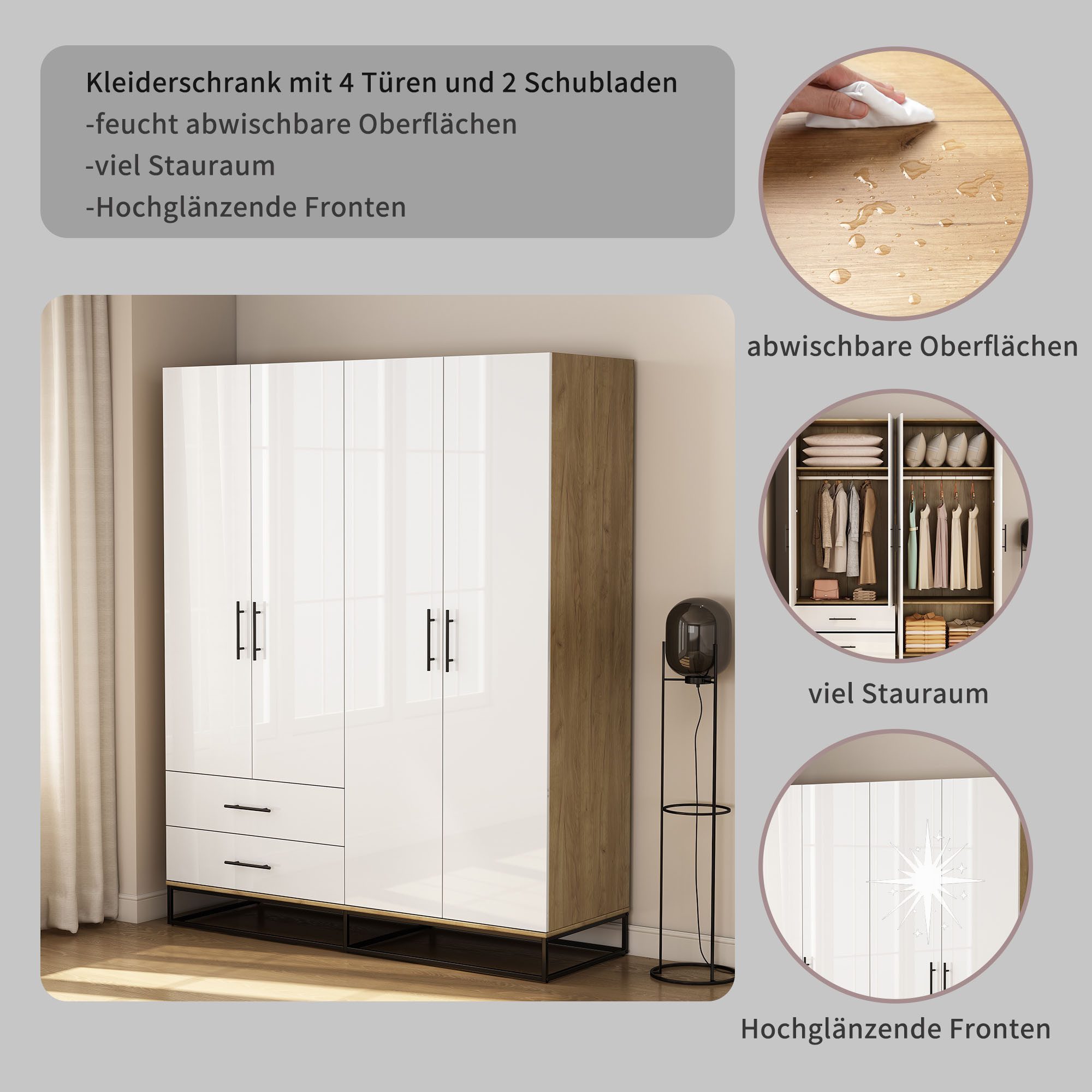 OTTO home Kleiderschrank Luca Kommode Schrank Schlafzimmer (Schwarze Griffe und Kufengestell aus Metall) Schlafzimmerschrank mit 4 Türen und 2 Schubladen, Breite 160cm