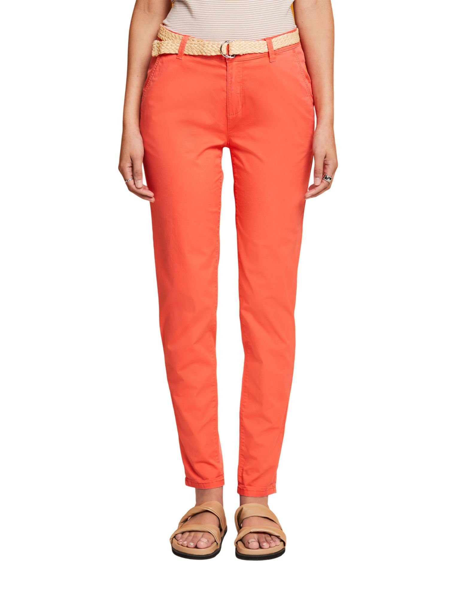 Esprit Chinohose Leichte Stretch-Chino CORAL Gürtel ORANGE mit