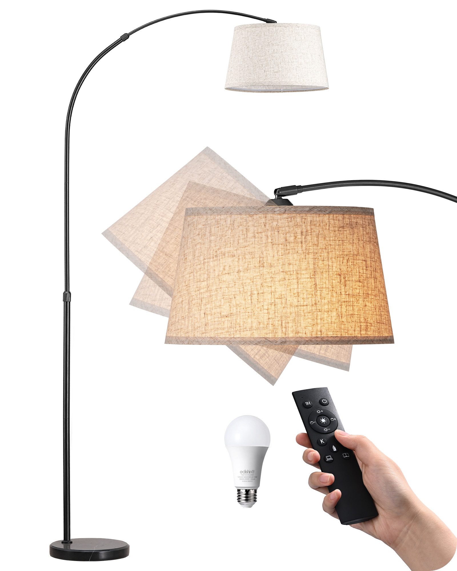 EDISHINE Stehlampe Wohnzimmer dimmbar, Standleuchte Höhenverstellbar, LED wechselbar, kaltweiß bis warmweiß dimmbar, LED Bogenlampe mit Fernbedienung