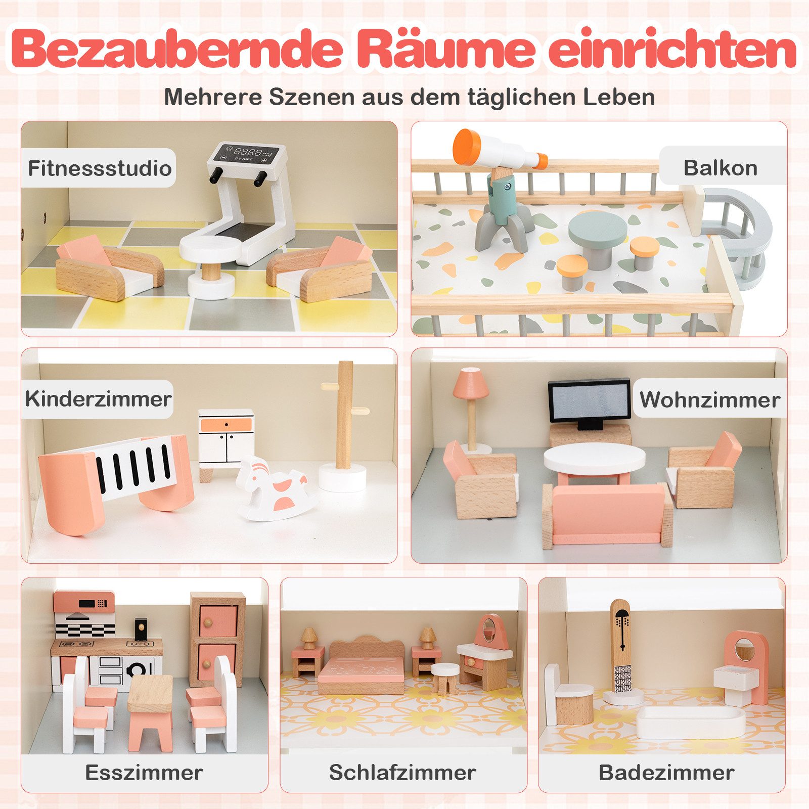 COSTWAY Puppenhaus, 6 Etagen mit 6 Zimmern & 41 Zubehör, Holz