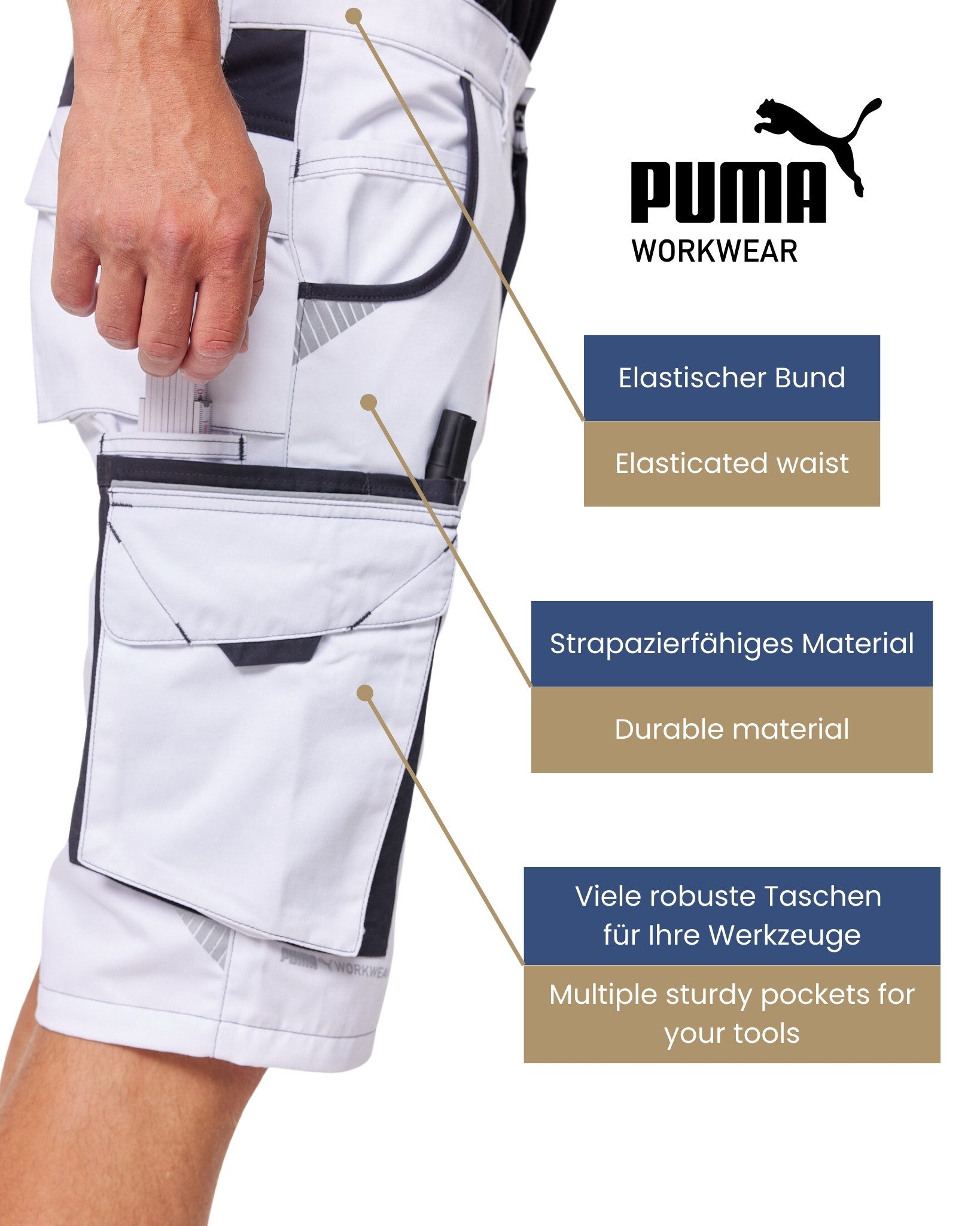 PUMA Workwear Arbeitsshorts PRECISION X - kurze Arbeitshose Herren - Bequeme Passform Robustes und flexibles Material mit Reflektoren - Praktische Taschen