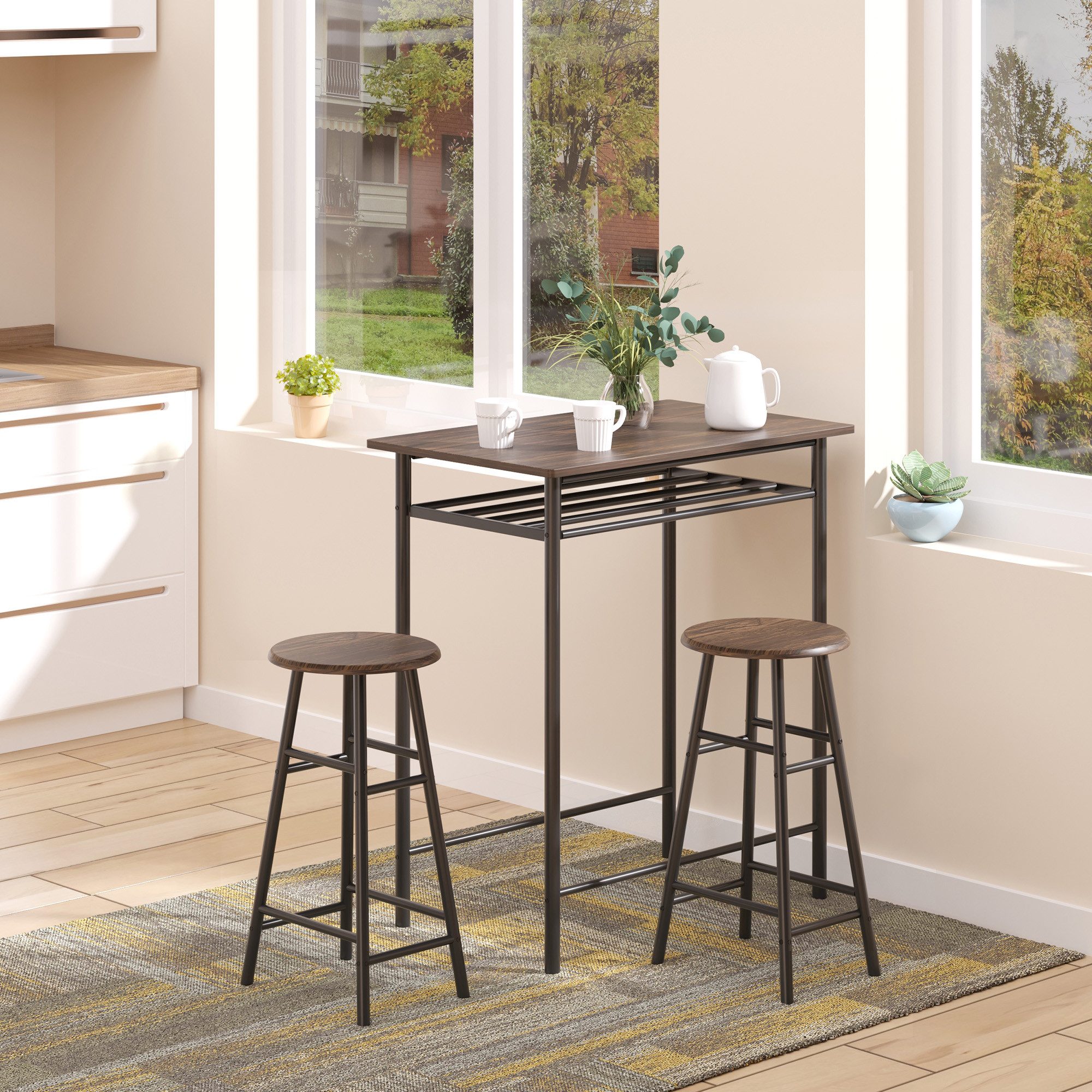 HOMCOM Bargruppe Bartisch mit 2 Barhockern Küchentisch mit Lagerregal, (Essgruppe, 3-tlg., Bartisch Set), Metall 80 x 50 x 90 cm Schwarz