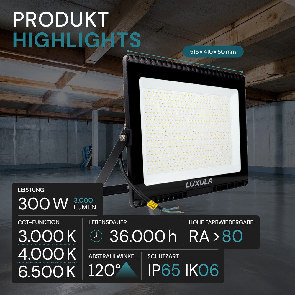 LUXULA LED Flutlichtstrahler LUXULA LED Fluter 300 W CCT einstellbar Schwarz, LED fest integriert, Farbwechsler