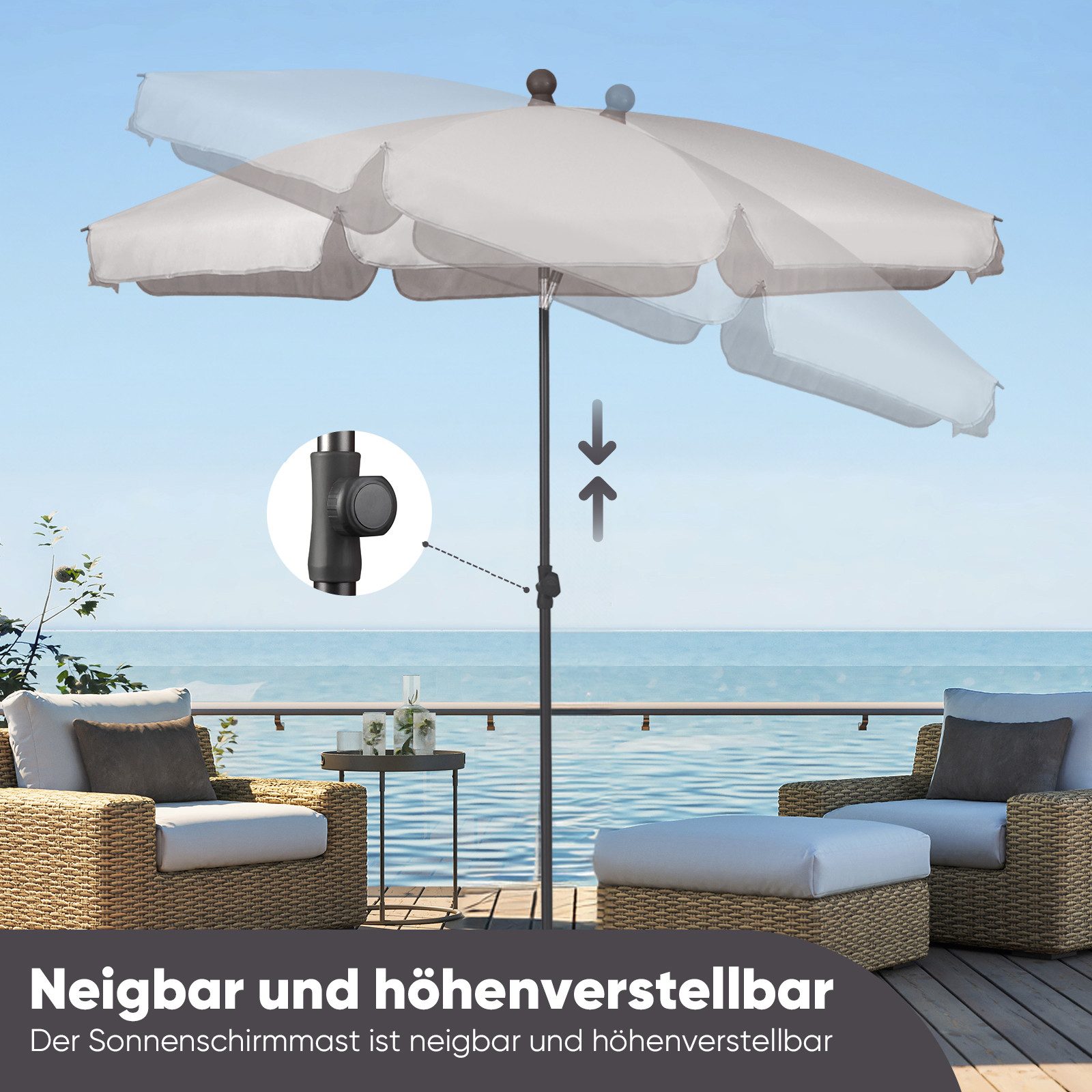 Sekey Balkonschirm 200cm Sonnenschirm Rund Gartenschirm Terrassenschirm mit UV-Schutz 50, Balkonschirm höhenverstellbar, Stabiler Sonnenschirm knickbar