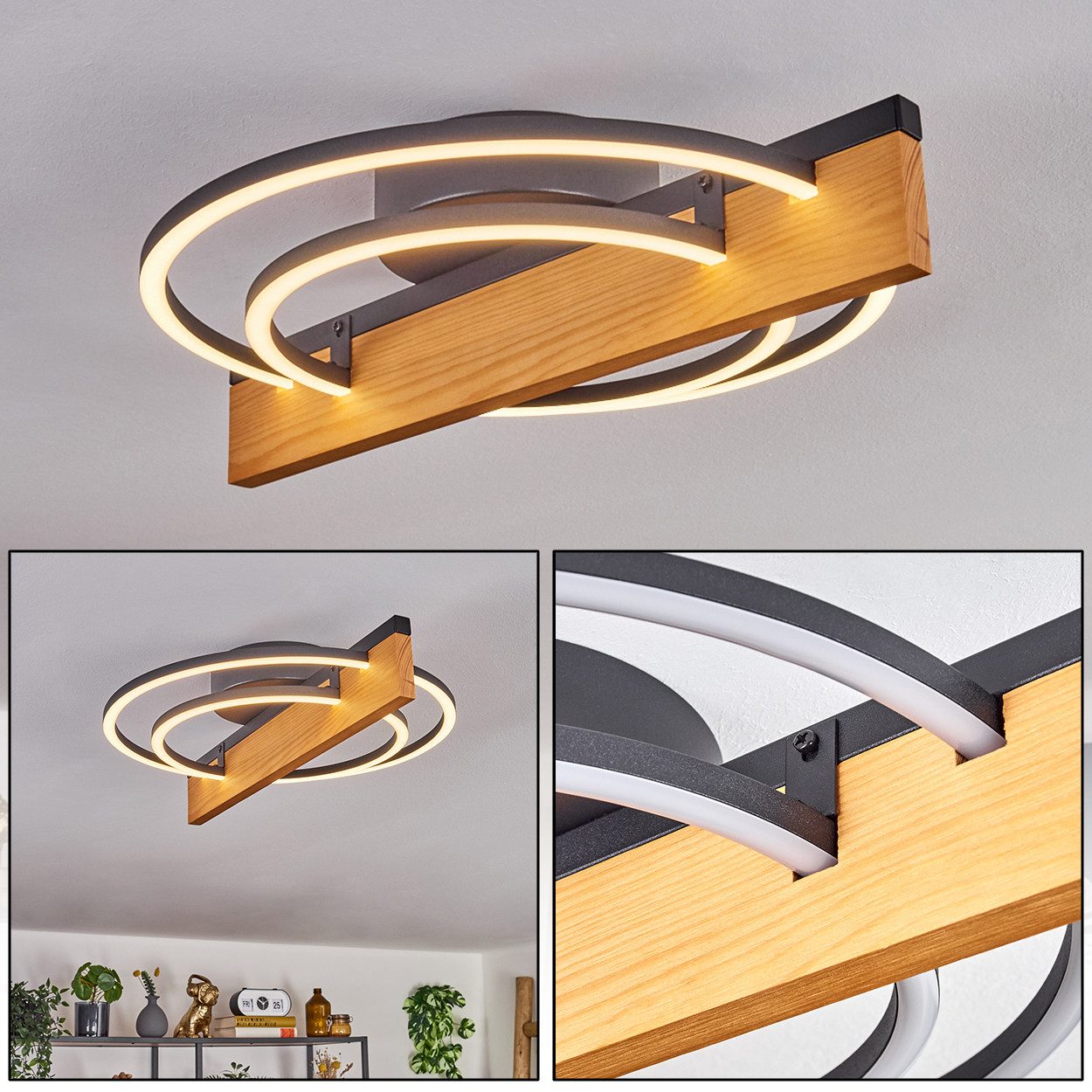 hofstein Deckenleuchte runde Deckenlampe aus Holz/Metall/Kunststoff in Natur/Schwarz/Weiß, LED wechselbar, 3000 Kelvin, Design, 1-flammig, 24 Watt, 1100 Lumen