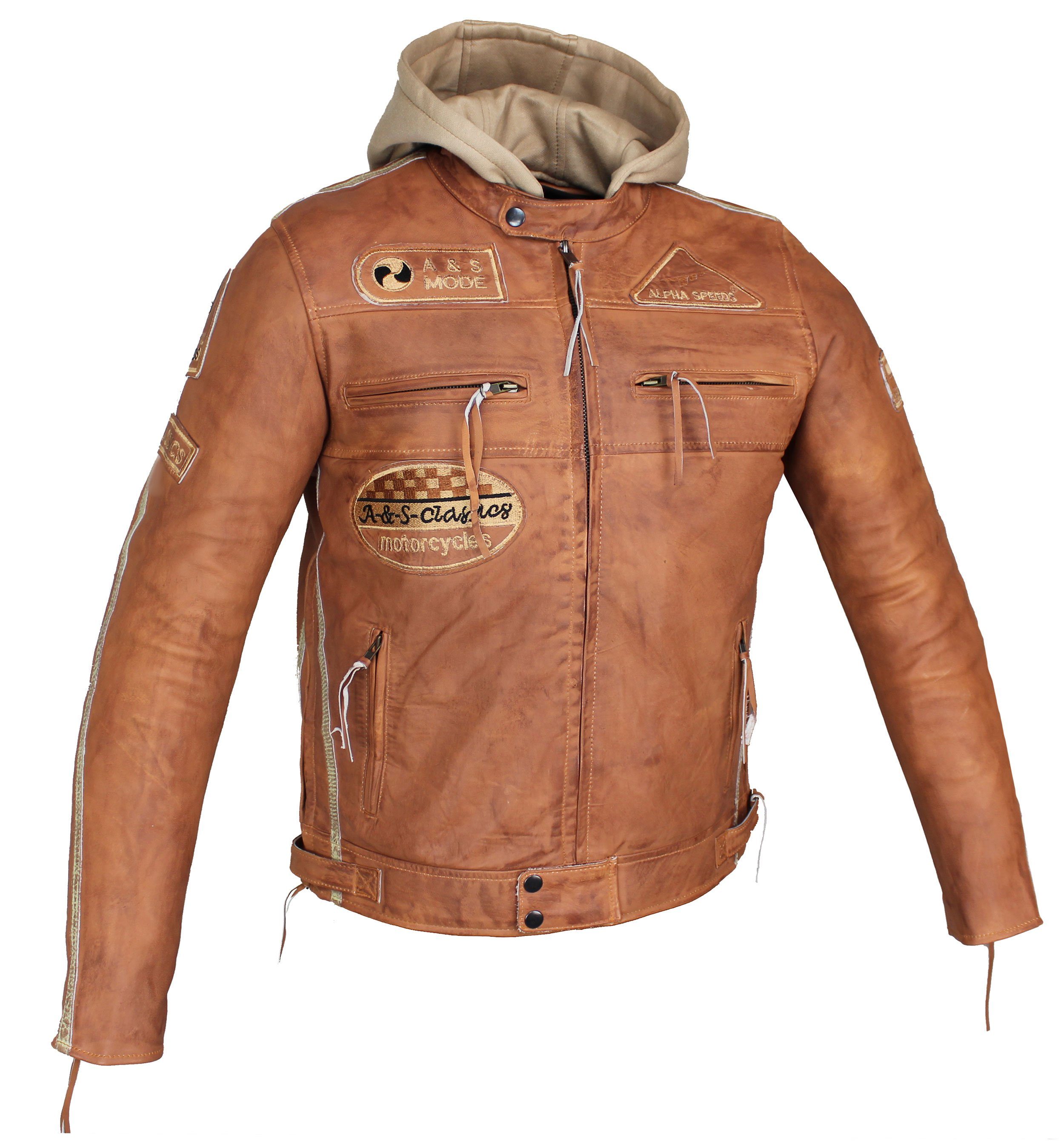 Alpha Speeds Motorradjacke Herren Leder Jacke Biker Freizeit Highway Jacke König Braun (Trennbare Innenjacke + Kapuze) aus weichem Lammleder, mit herausnehmbare Protektoren