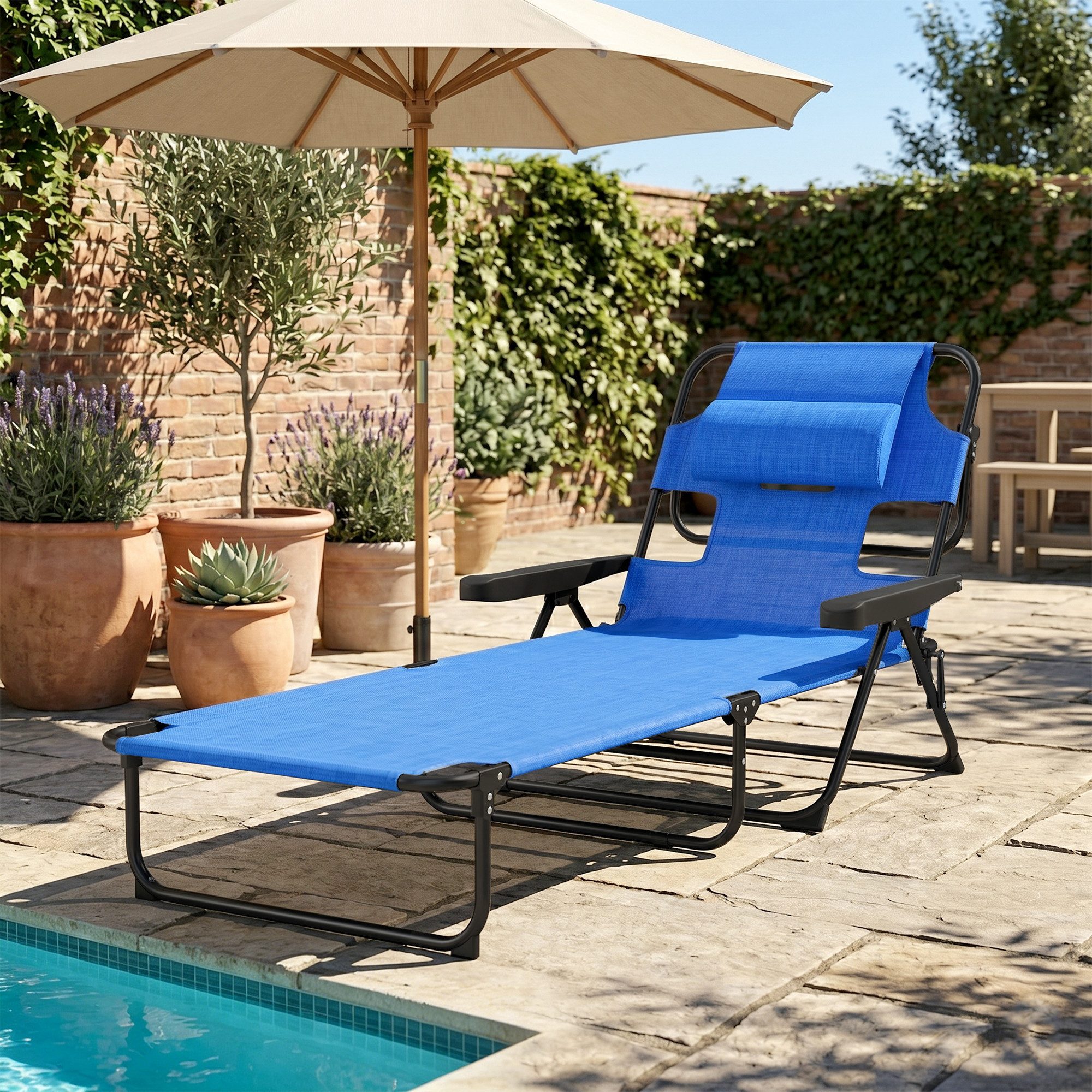 Outsunny Gartenliege klappbar mit Lesefenster, Kopfkissen, 4-Fach verstellbare Rückenlehne, Liegestuhl, 1 St., wetterfeste Sonnenliege, für Garten Strand Pool, Dunkelblau