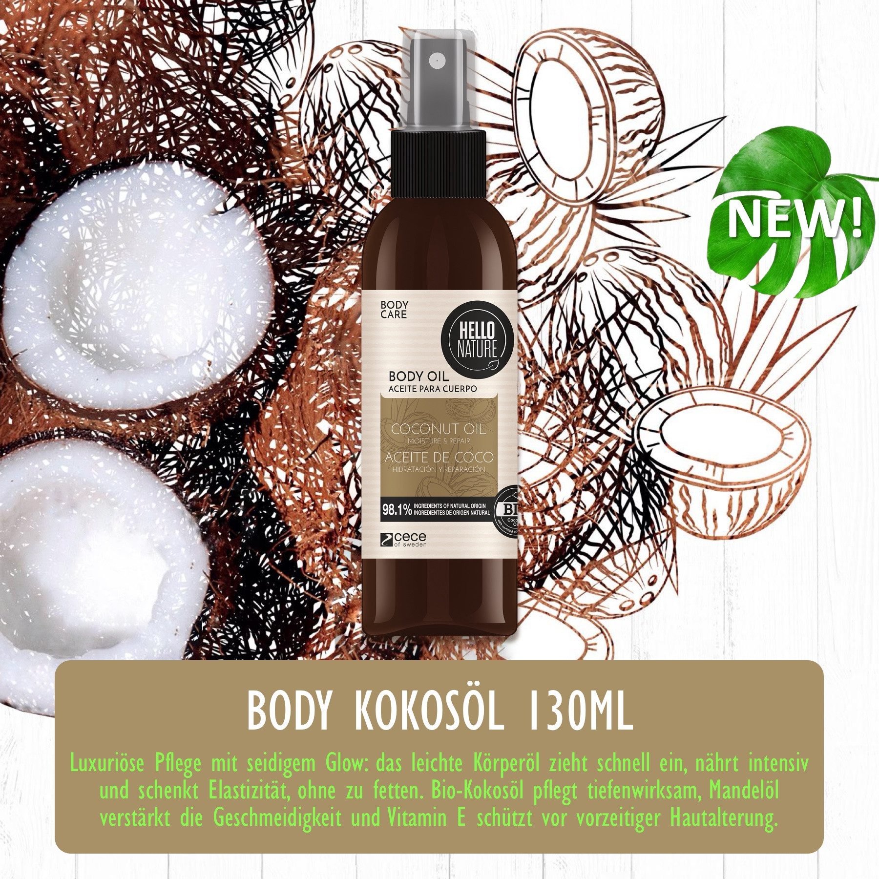 Hello Nature Körperöl Kokosnussöl Hautöl Body Öl Bio Coconut Oil Körperpflege Naturkosmetik, 3-tlg., Körperöl, Körperspray, Kokosöl, Hautpflege
