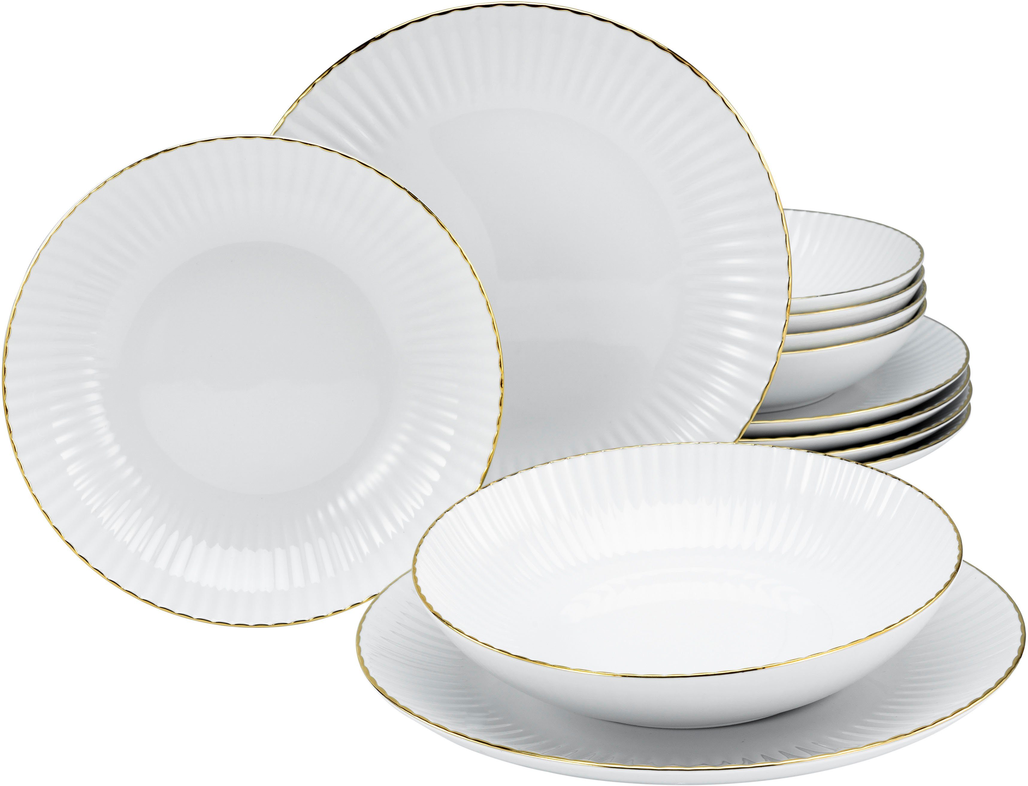 my home Столовый сервиз Teller Set, Geschirr-Set Elisetta (12-tlg), 6 Personen, Porzellan, Goldband, Made in Europe, 12 Teile, für 6 Personen