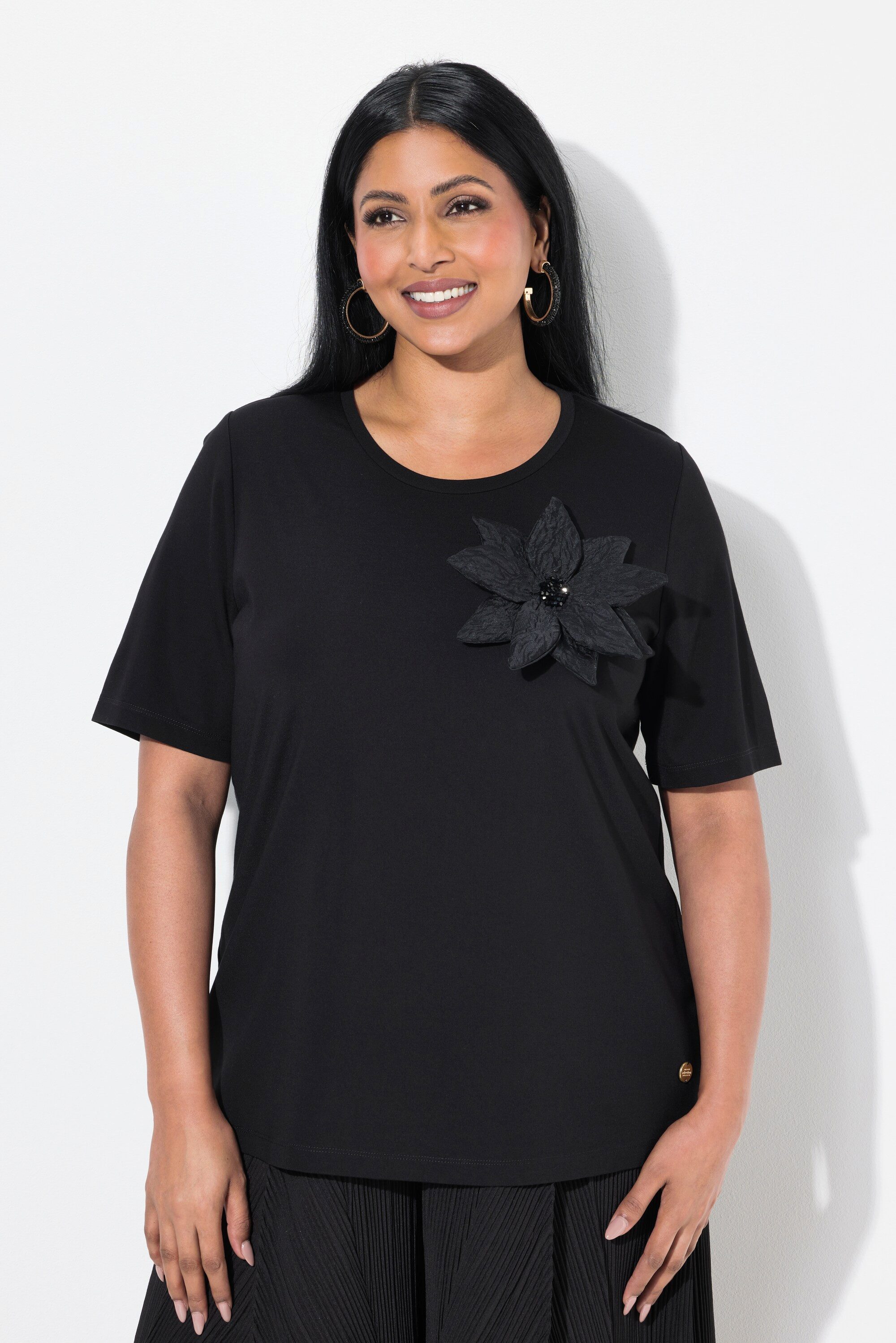 Ulla Popken T-Shirt T-Shirt Blüten-Brosche Classic Rundhals Halbarm günstig online kaufen