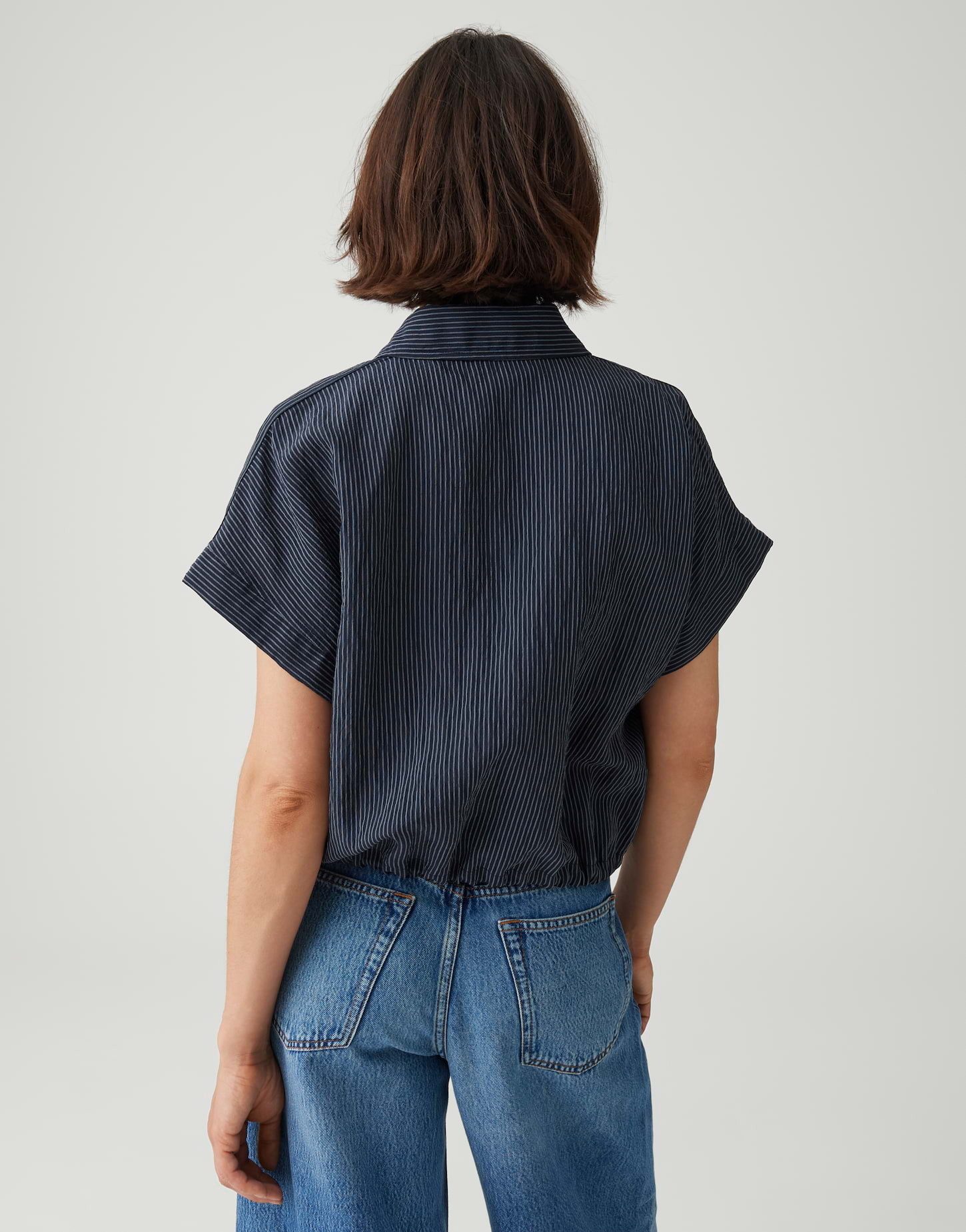 OPUS Kurzarmbluse mit Streifen und Tunnelzug Lässiger Look mit moderner O-Form