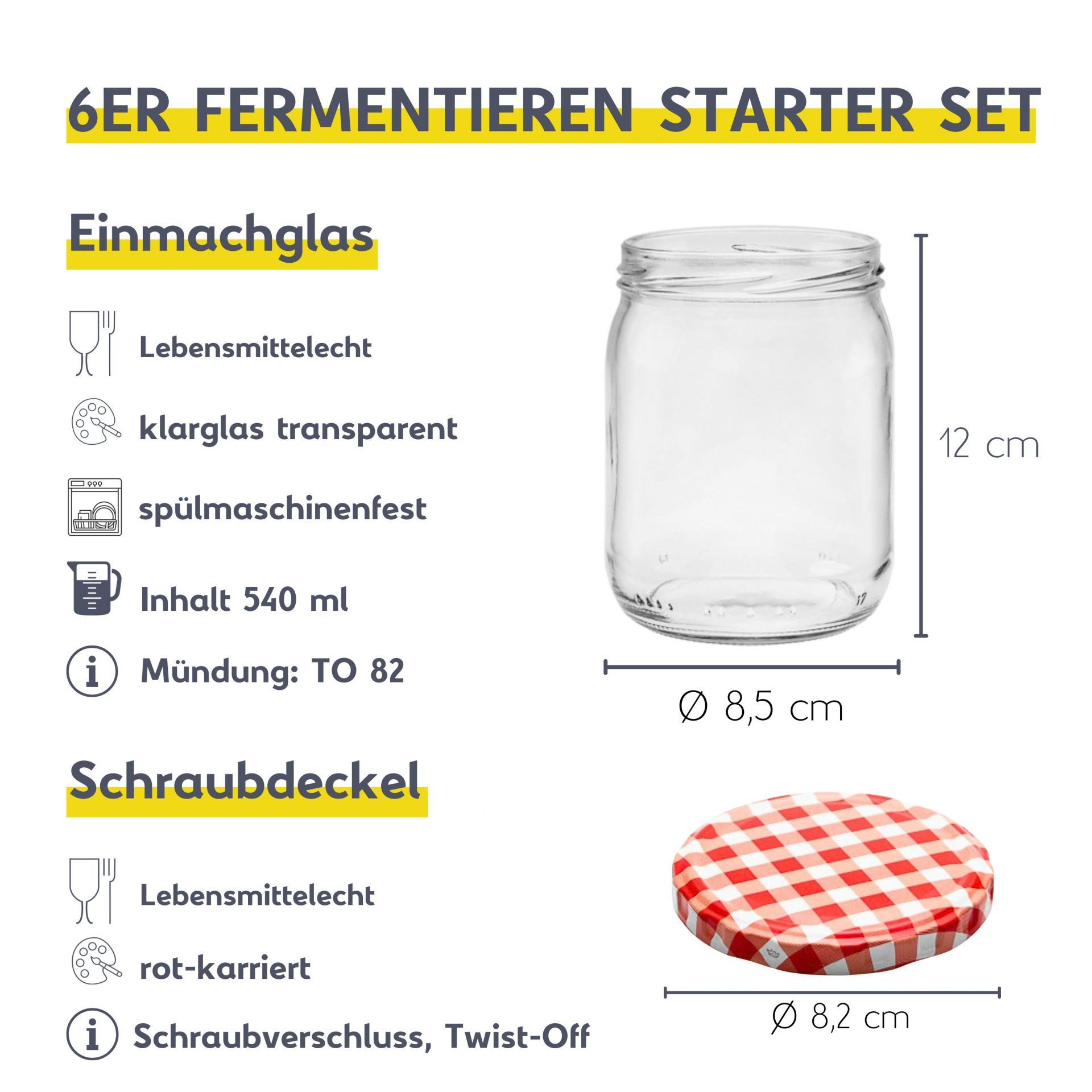 mikken Fermentationsglas Fermentieren Starter Set 6 Fermentiergläser 540 ml, (Starter Set zum Fermentieren, 6er), Made in EU – Bild 4 von 5