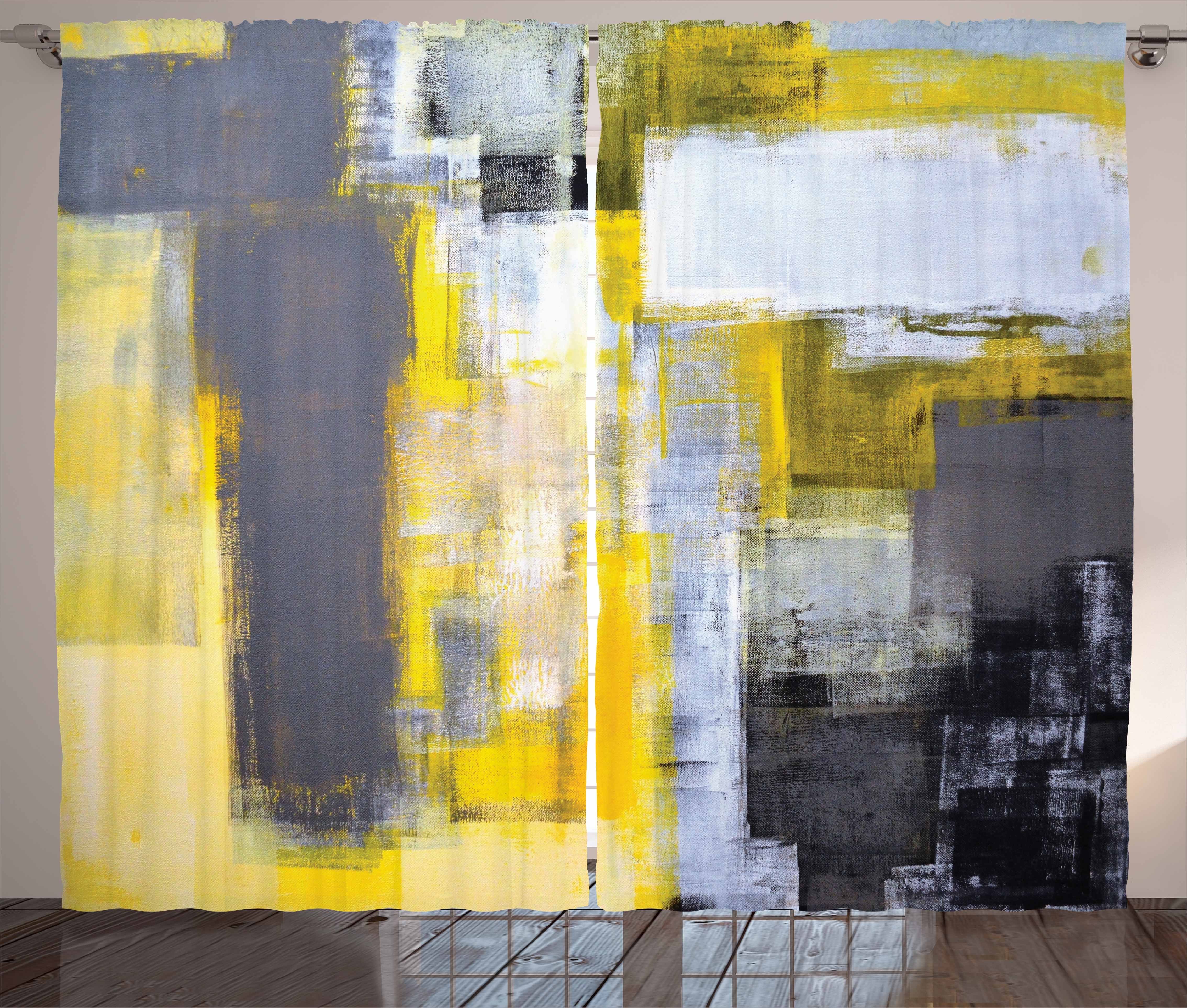 Schlaufen Grau Vorhang Abakuhaus, mit Gemälde Schlafzimmer Haken, Kräuselband und Gardine Abstraktes Gelb und