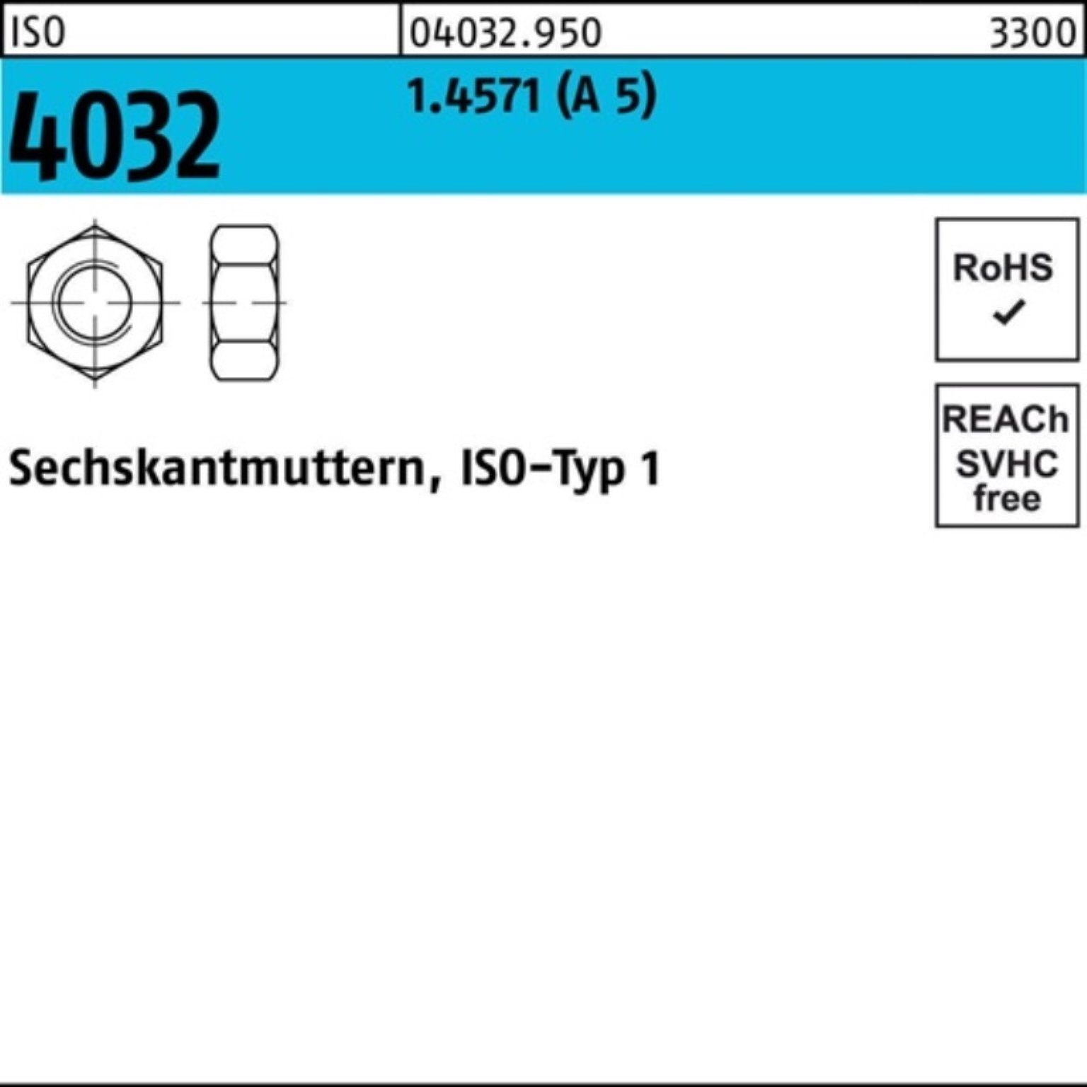 Bufab Muttern 100er Stück 1.4571 A 5 Pack 25 ISO 4032 M20 4032 Sechskantmutter ISO