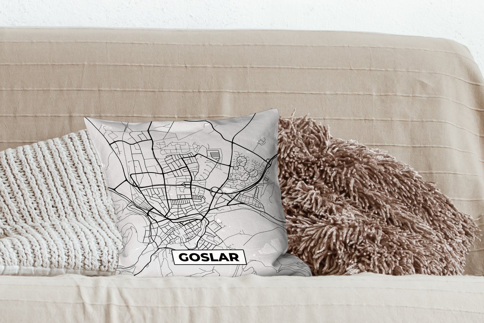 Stadtplan, Dekokissen - Karte Schlafzimmer, Goslar Sofakissen mit - - Deko, Deutschland Wohzimmer, Füllung - für Karte Zierkissen MuchoWow