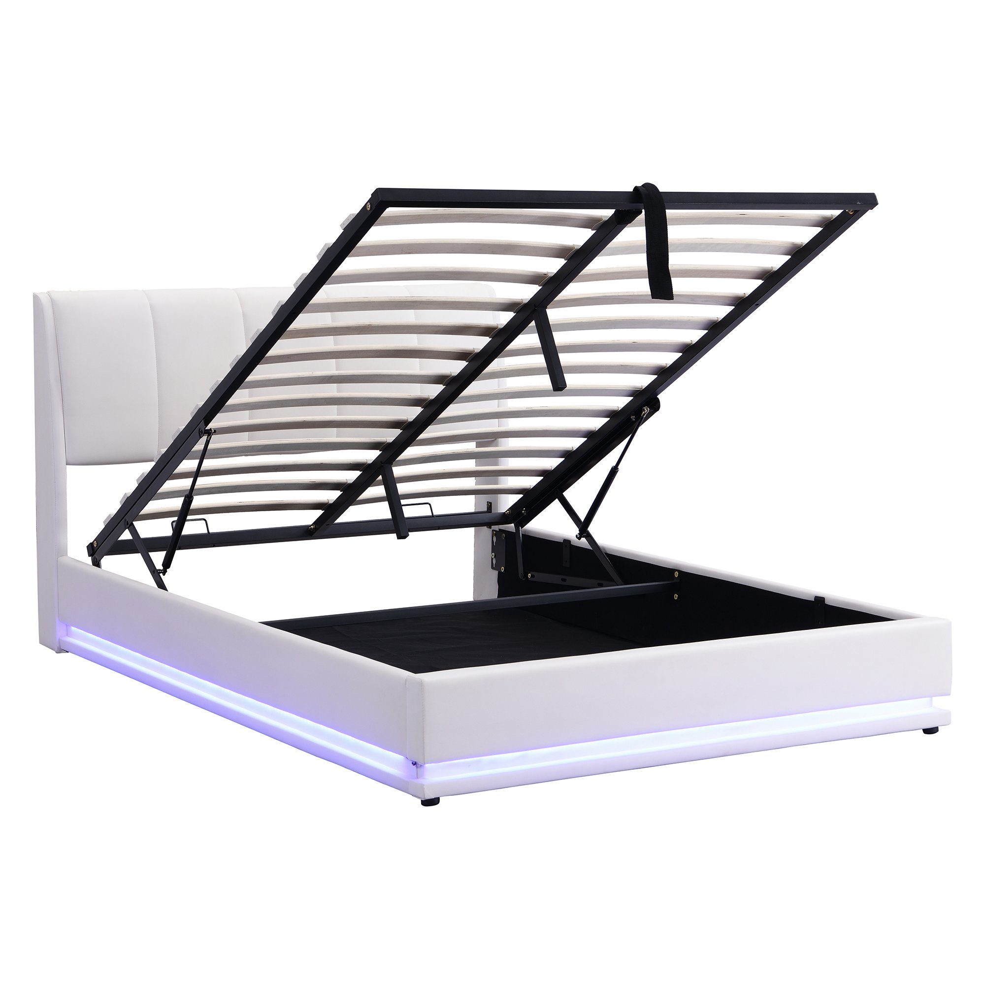 Boxspringbett (Doppelbett 140 x 200 cm mit Lattenrost und LED Beleuchtung), Polsterbett inkl. Hydraulisch anhebbarer Bettstauraum, Kunstleder