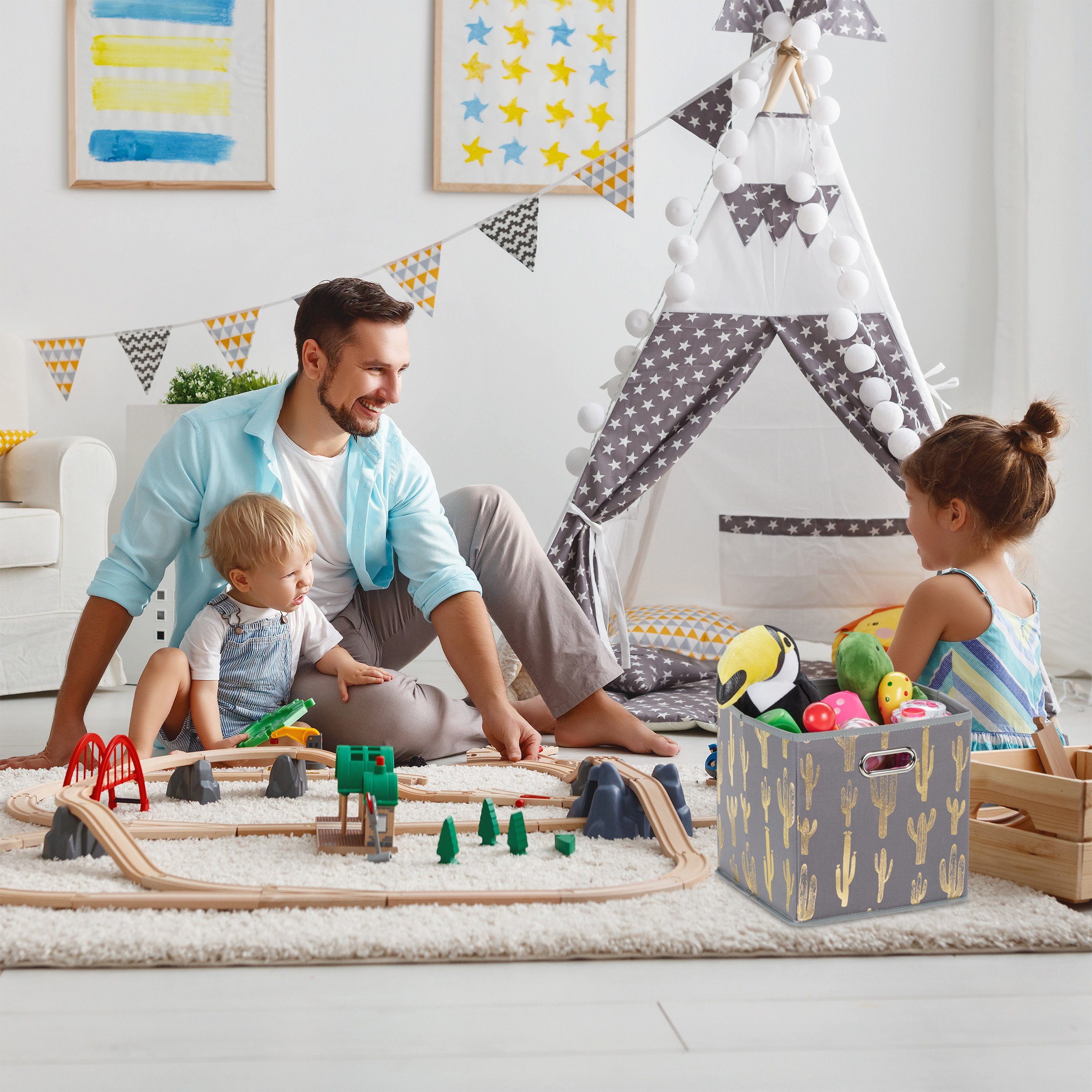relaxdays Regalkorb Quadratische Faltbox mit Kaktus Motiv