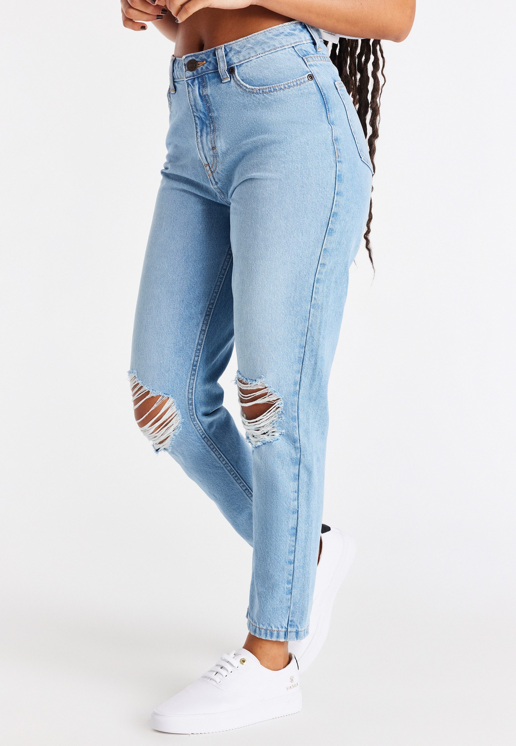 Siksilk Mom-Jeans SikSilk Damen Light Blau Knee Rip Denim Mom Jean