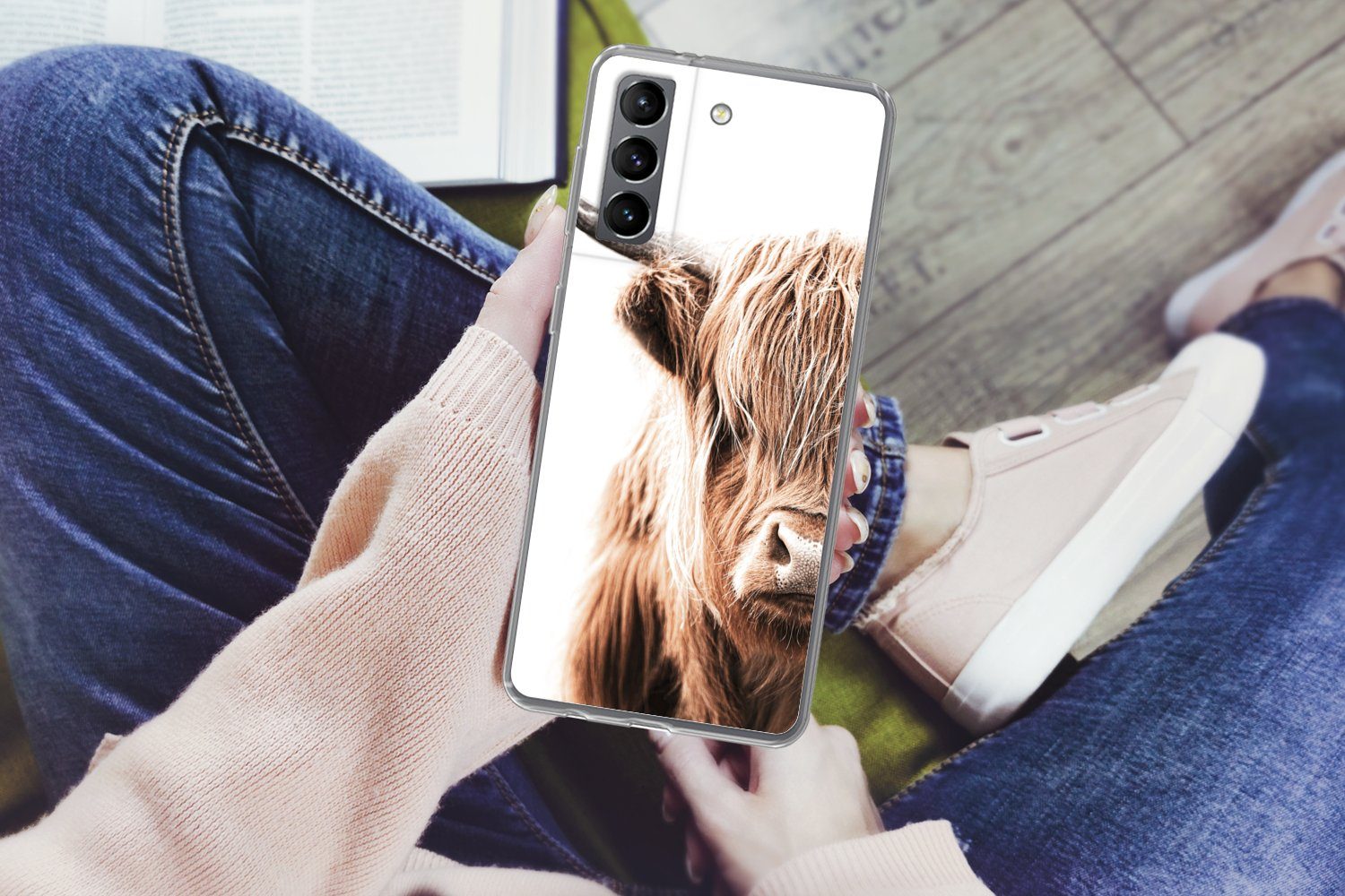 MuchoWow Handyhülle für Samsung Galaxy S21 Plus Schottischer Highlander - Kuh - Tiere, Phone Case, Silikon, Schutzhülle Dünn