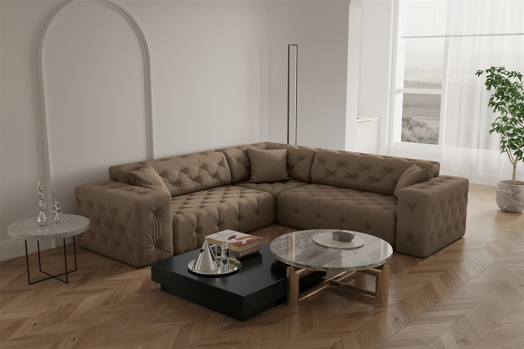 Fun Möbel Ecksofa Ecksofa Designersofa CHANTAL Seite universal in Stoff Opera Velvet Taupe