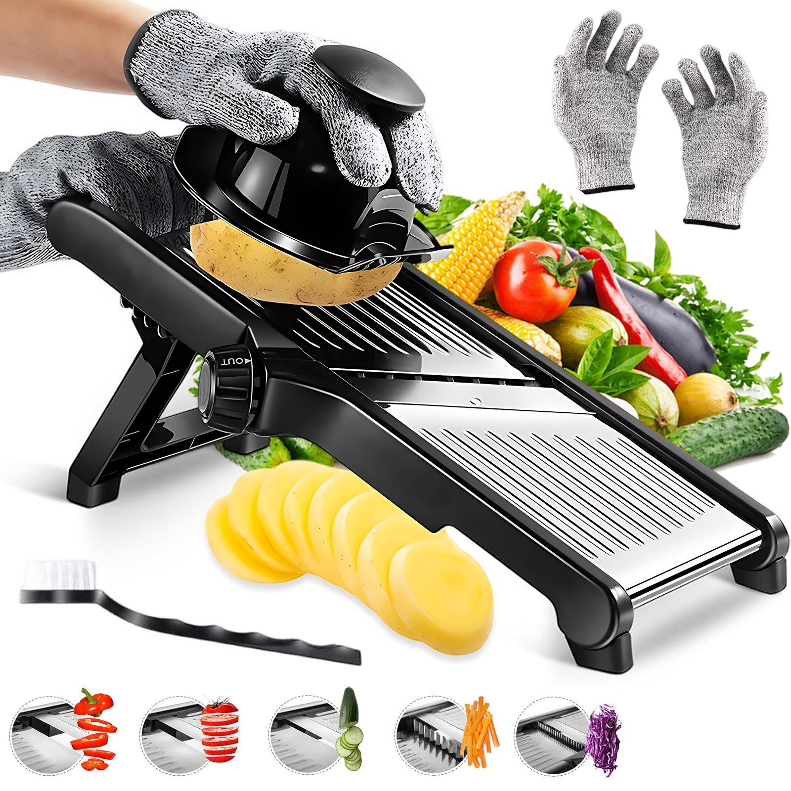 AKKEE Gemüsehobel Multifunktionaler Gemüseschneider, Einstellbare Schnittstärke, 5-In-1 Gemüseschneider, Aus Edelstahl gefertigt