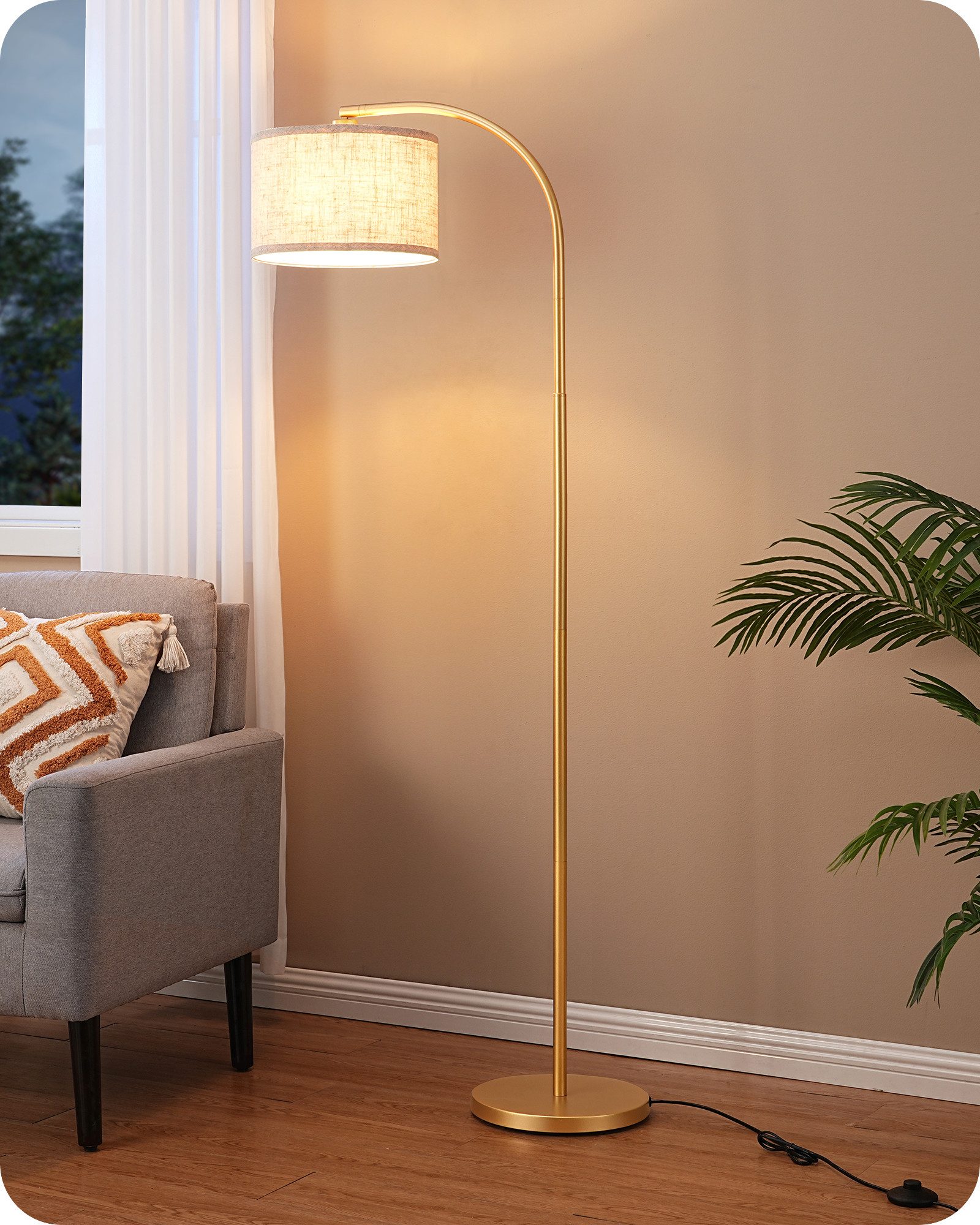 EDISHINE Stehlampe Wohnzimmer, mit E27 LED-Glühbirne, warmweiß, 161cm Bogenlampe mit Leinen-Lampenschirm